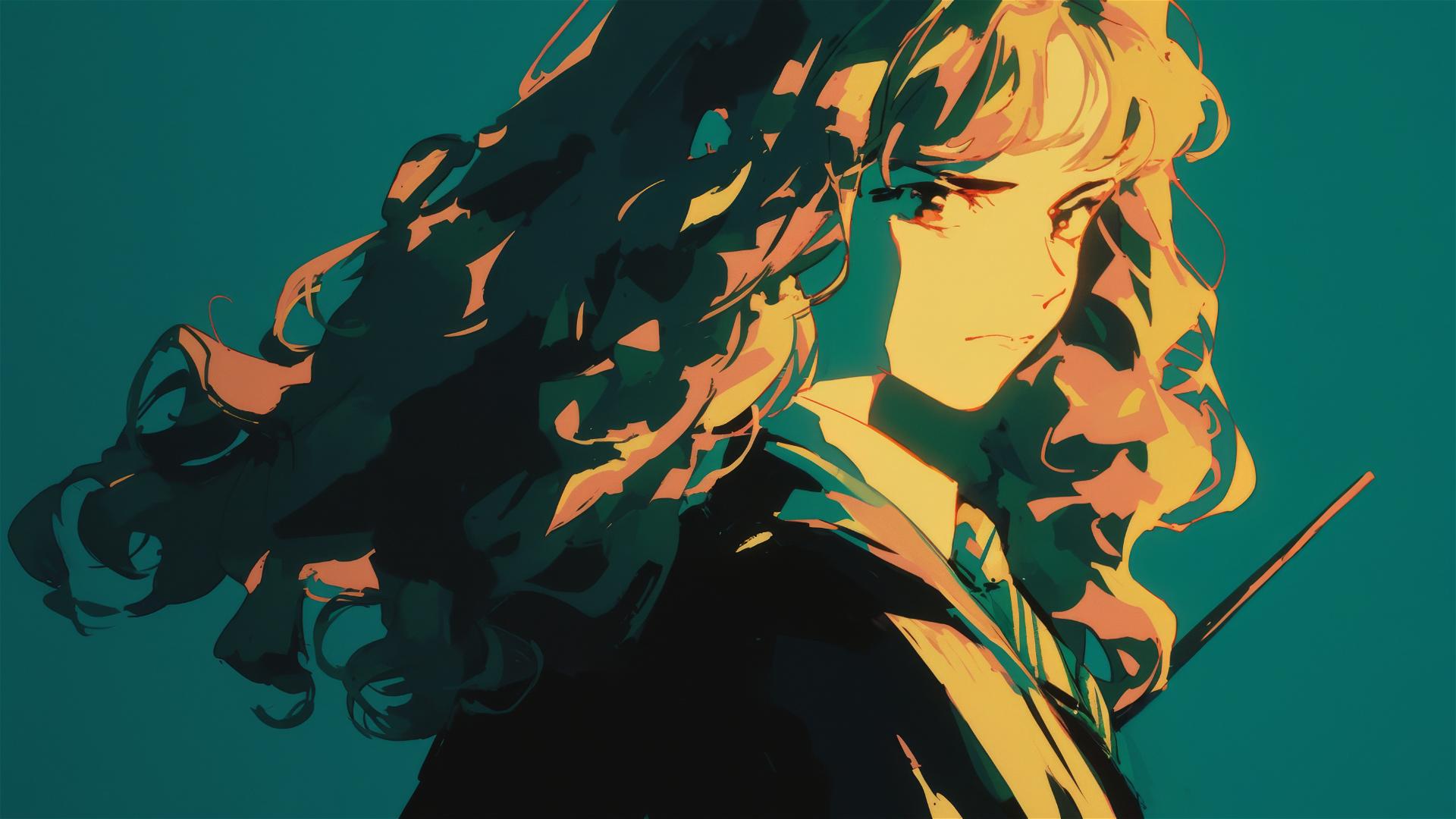 Artistic illustration of Hermione Granger with a spotlight effect on dark background
