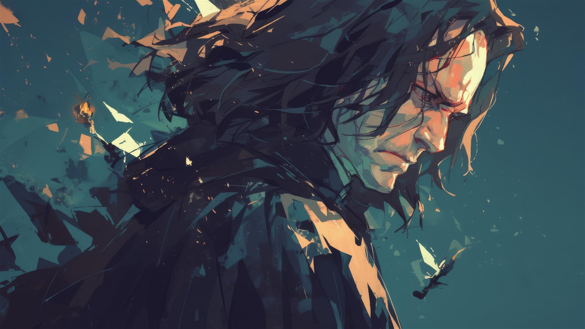 Artistic drawing of Severus Snape with a dark background and spotlight effect.