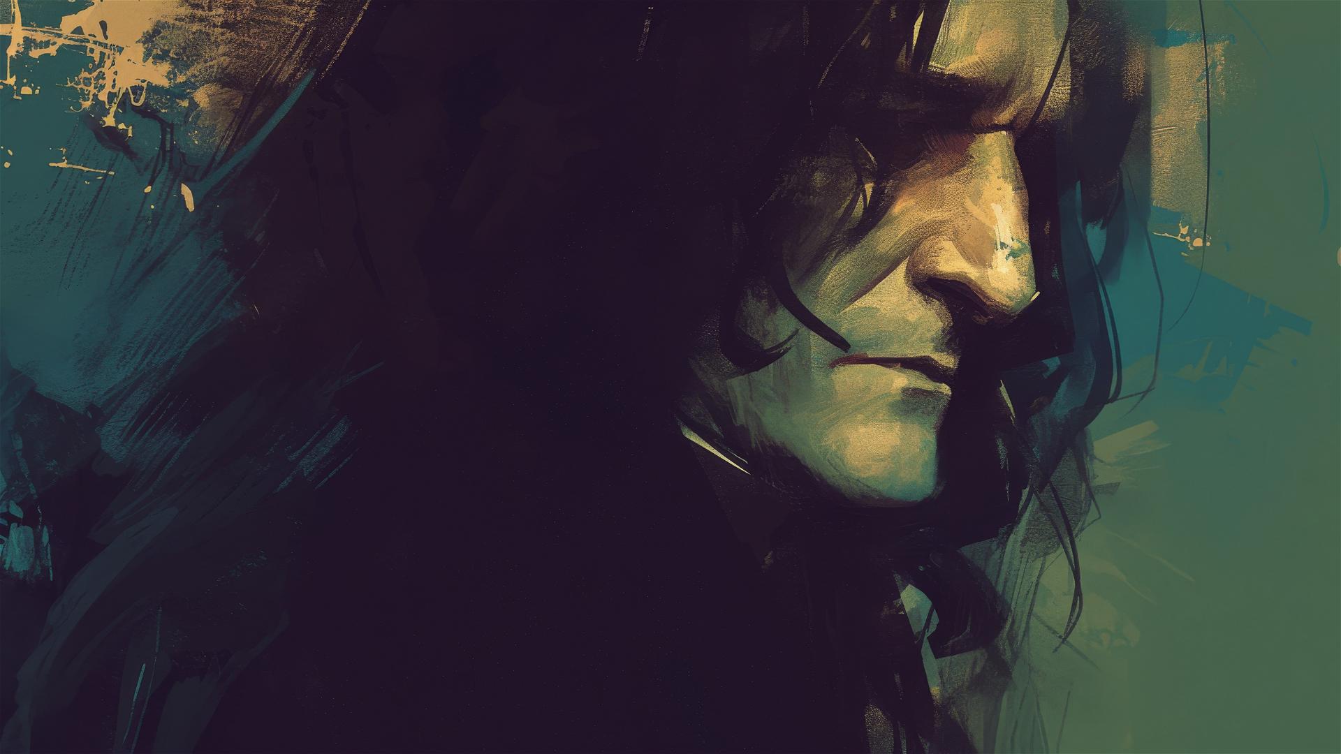 Artistic illustration of Professor Severus Snape on a dark background with spotlight effect