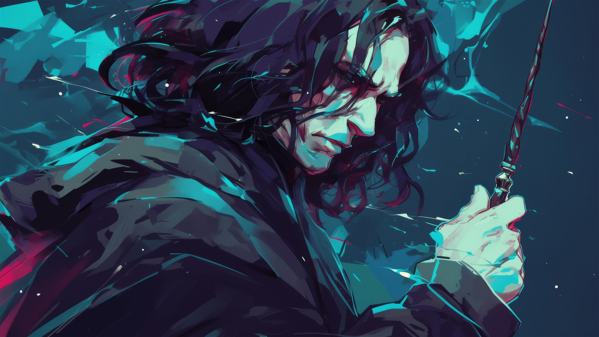Drawing of Severus Snape with dark background and spotlight