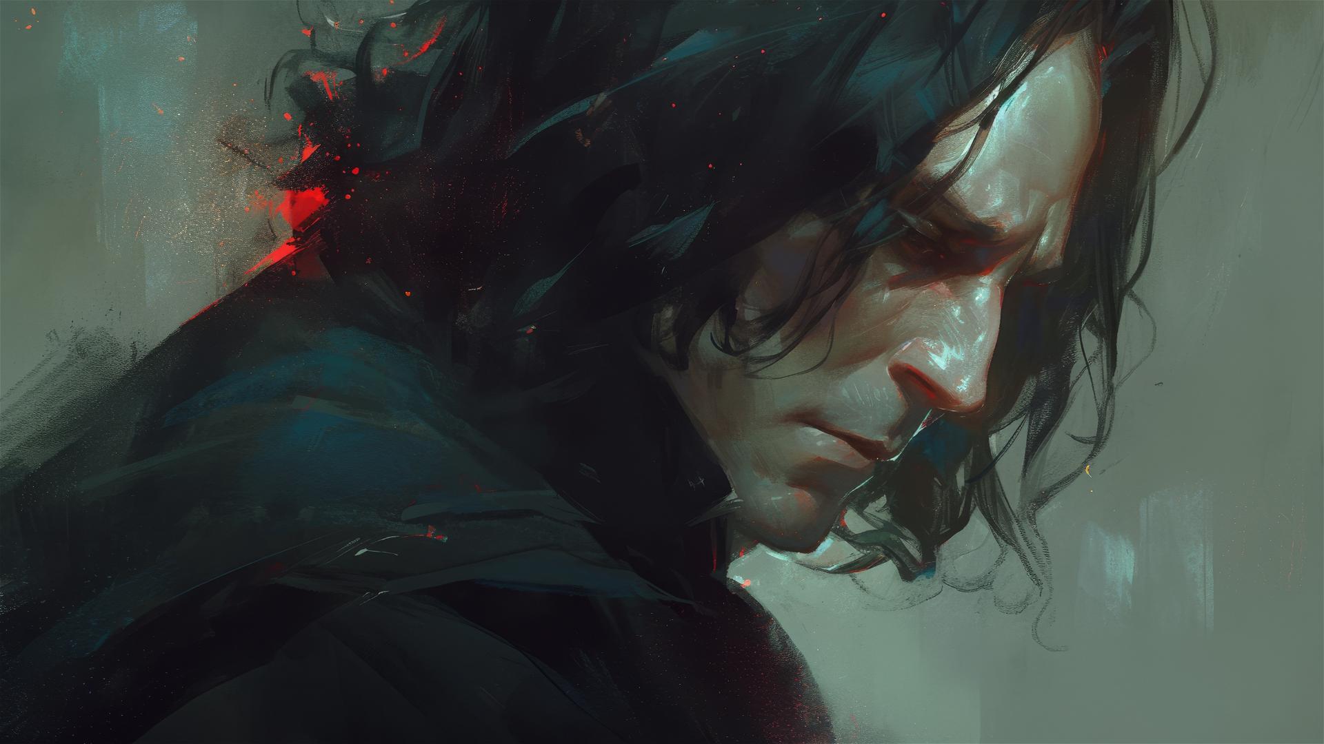 Illustration of Snape from Harry Potter on dark background with spotlight