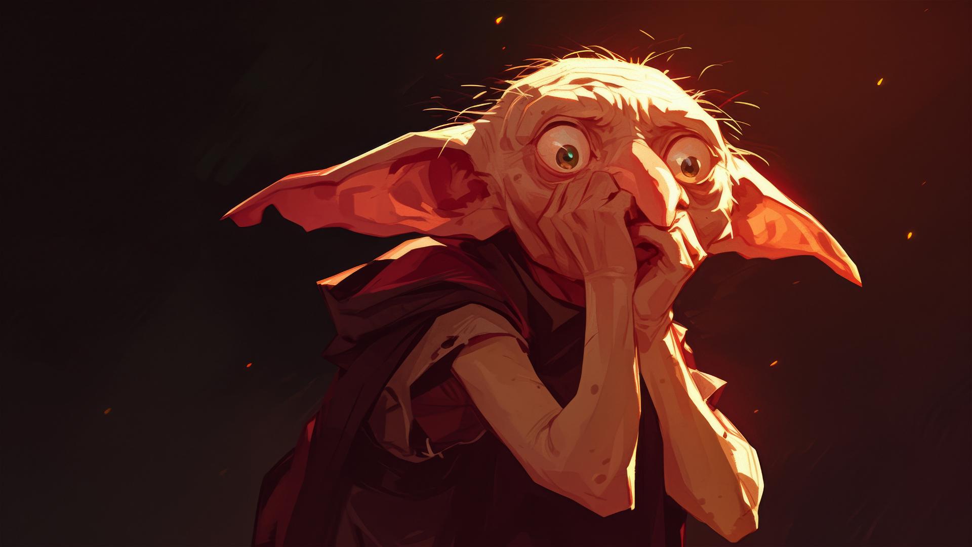 Artistic drawing of Dobby the house elf with spotlight effect