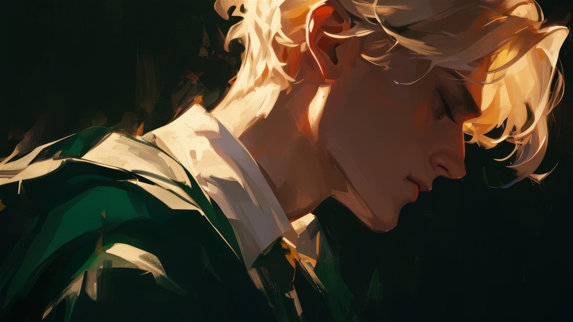 Artistic illustration of Draco Malfoy with golden hair in spotlight on dark background