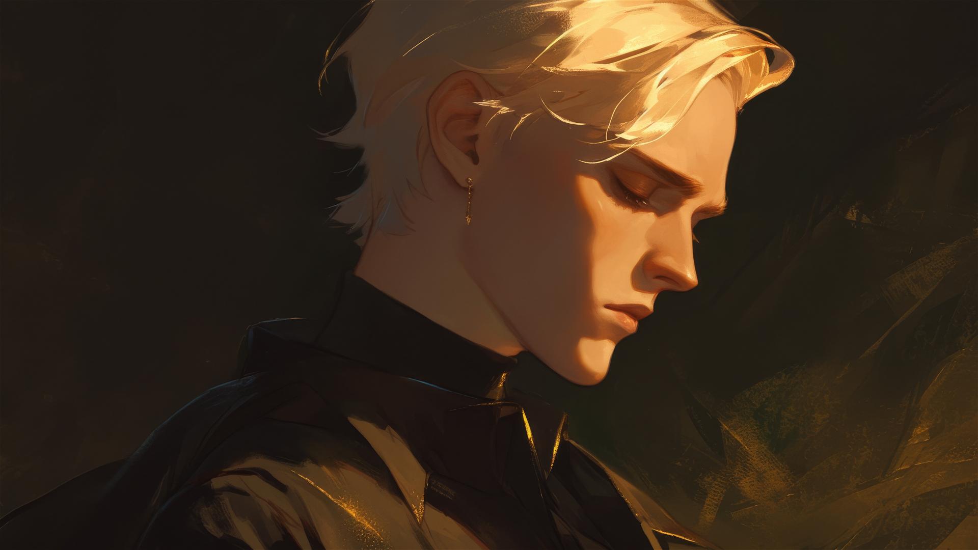 Draco Malfoy with golden hair in a spotlight on a dark background