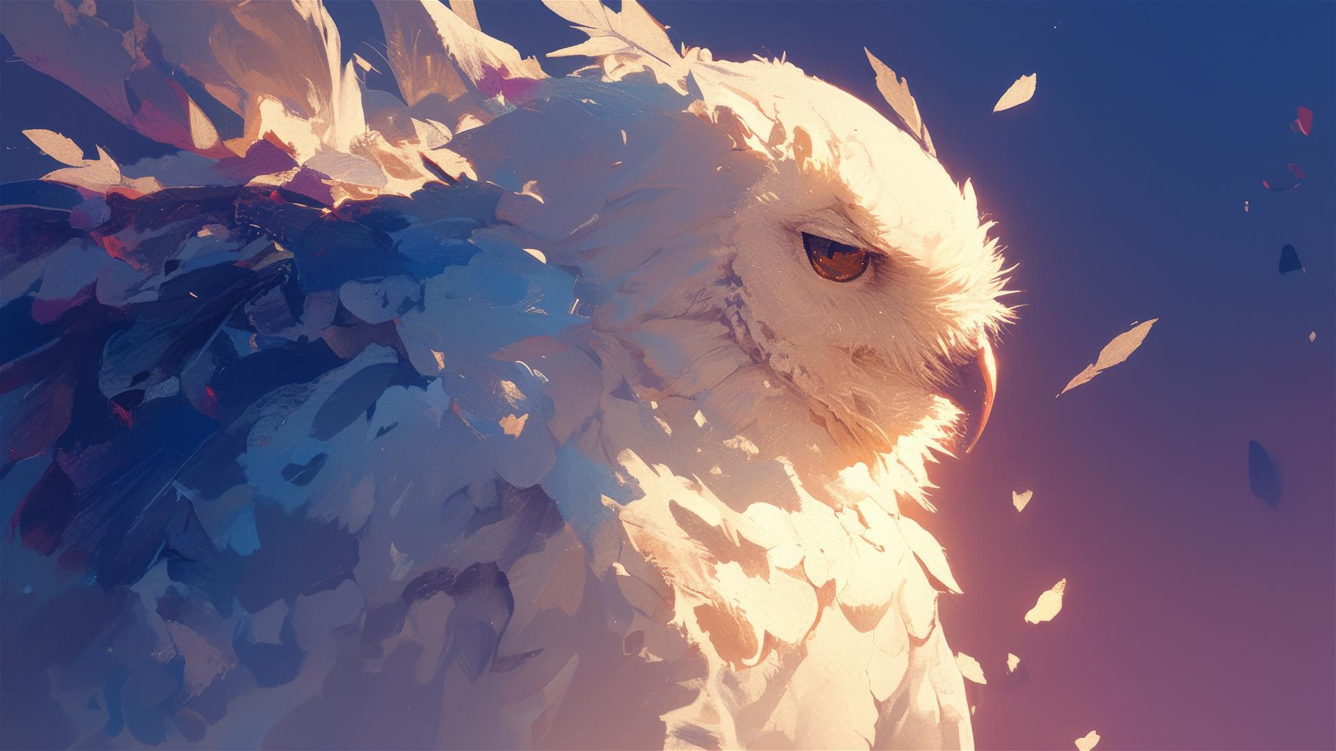 Artistic illustration of Hedwig the owl on dark background with spotlight effect