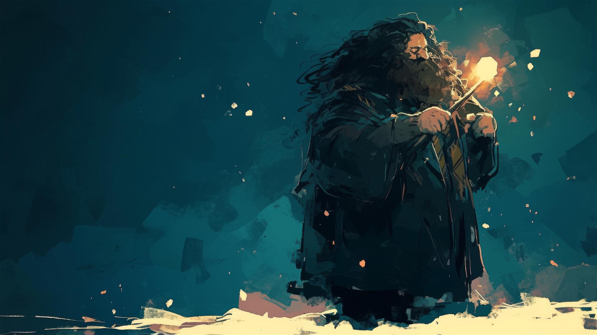 Artistic illustration of Hagrid from Harry Potter on a dark background with spotlight
