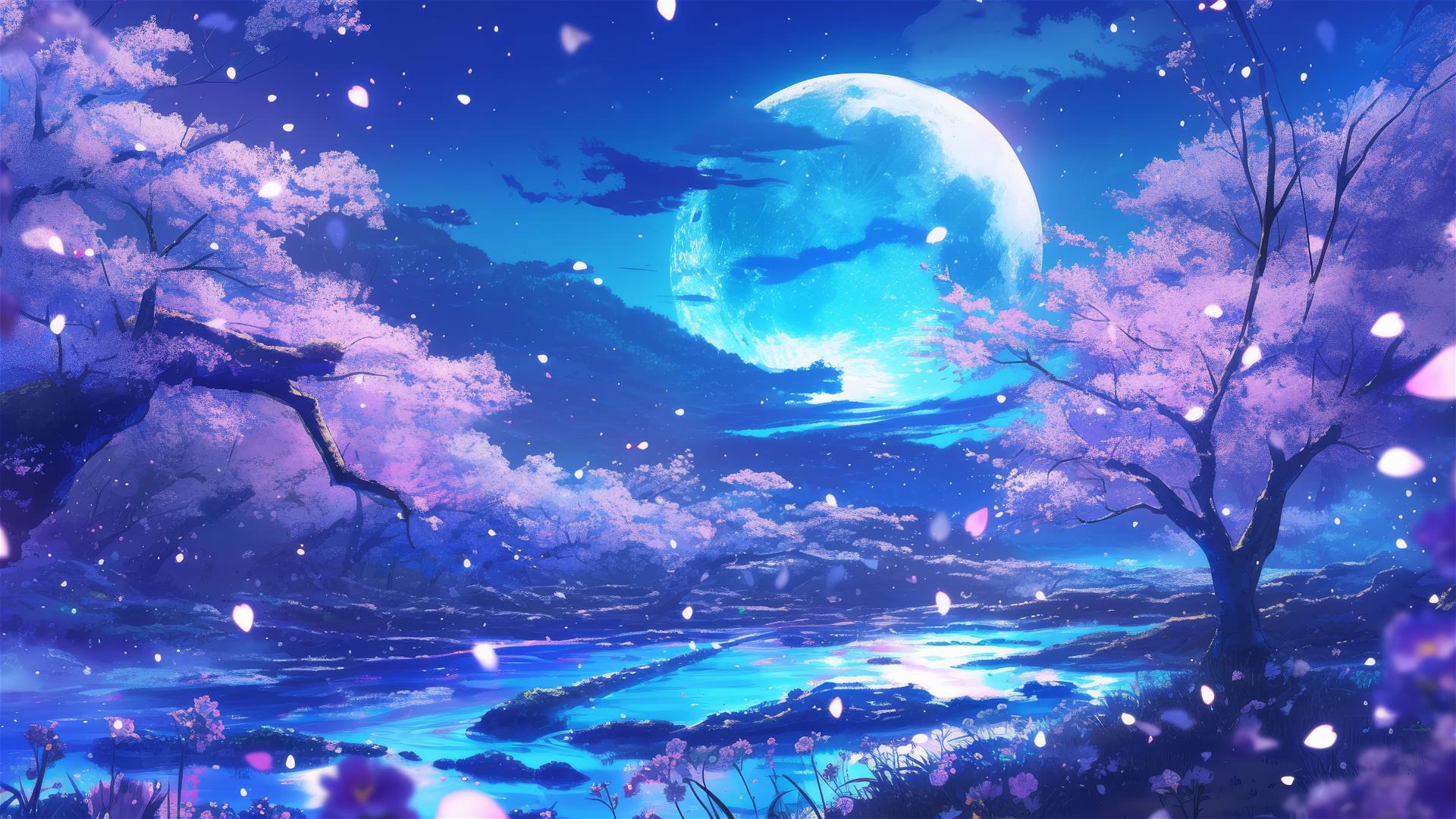 Cherry blossoms aglow at night with falling petals