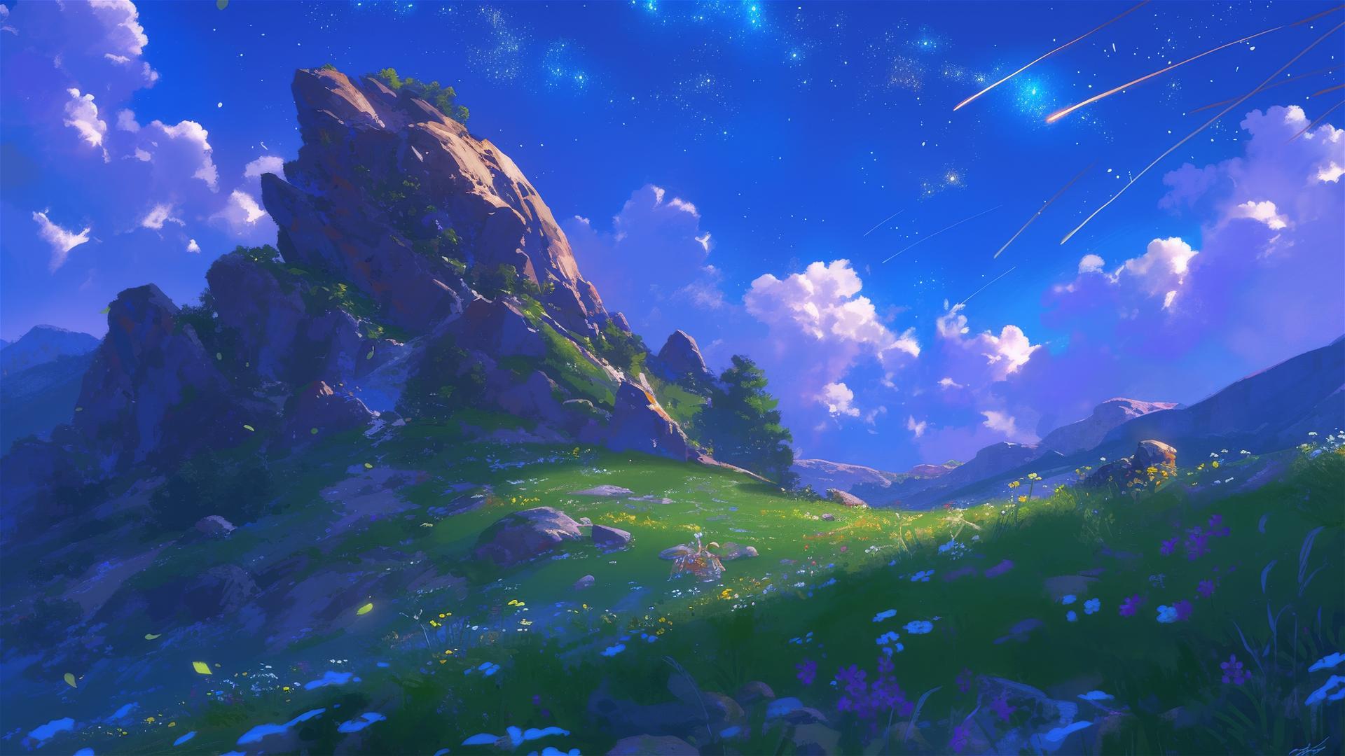 Silent hilltops with shooting stars and glowing trails on grass