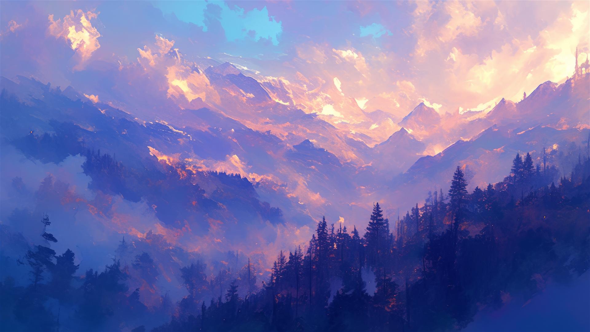 Opalescent fog and changing hues over a mountain pass at dawn