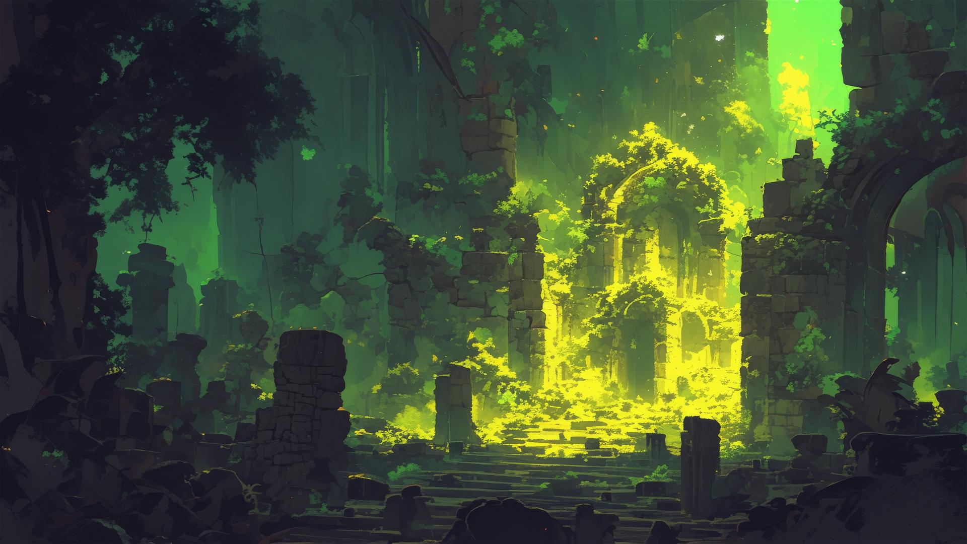 Glowing moss-covered ruins at dusk with luminous script