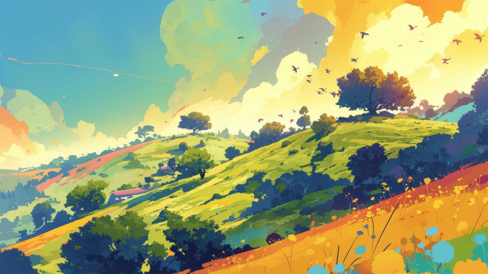 Chorus hills with various bird species on each hilltop singing together
