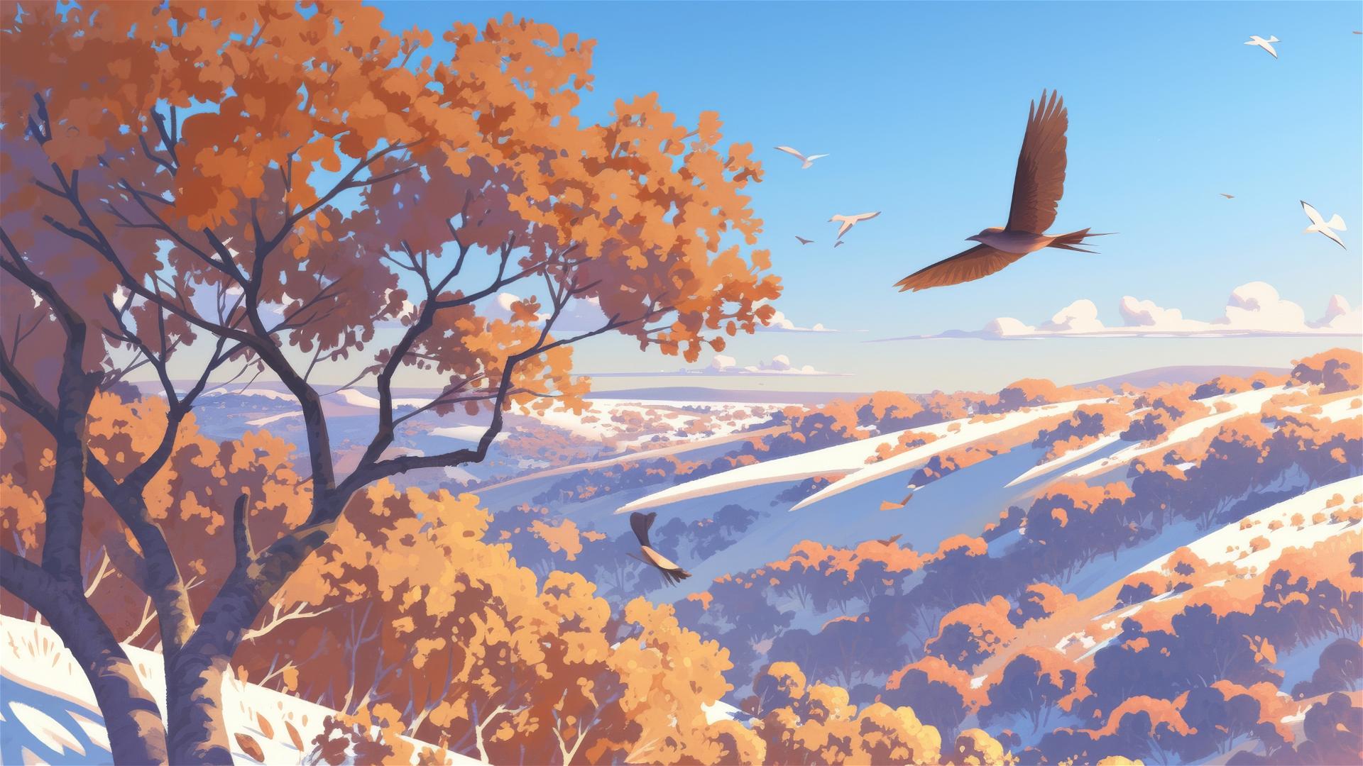 Chorus hills with various birds on hilltops singing in harmony