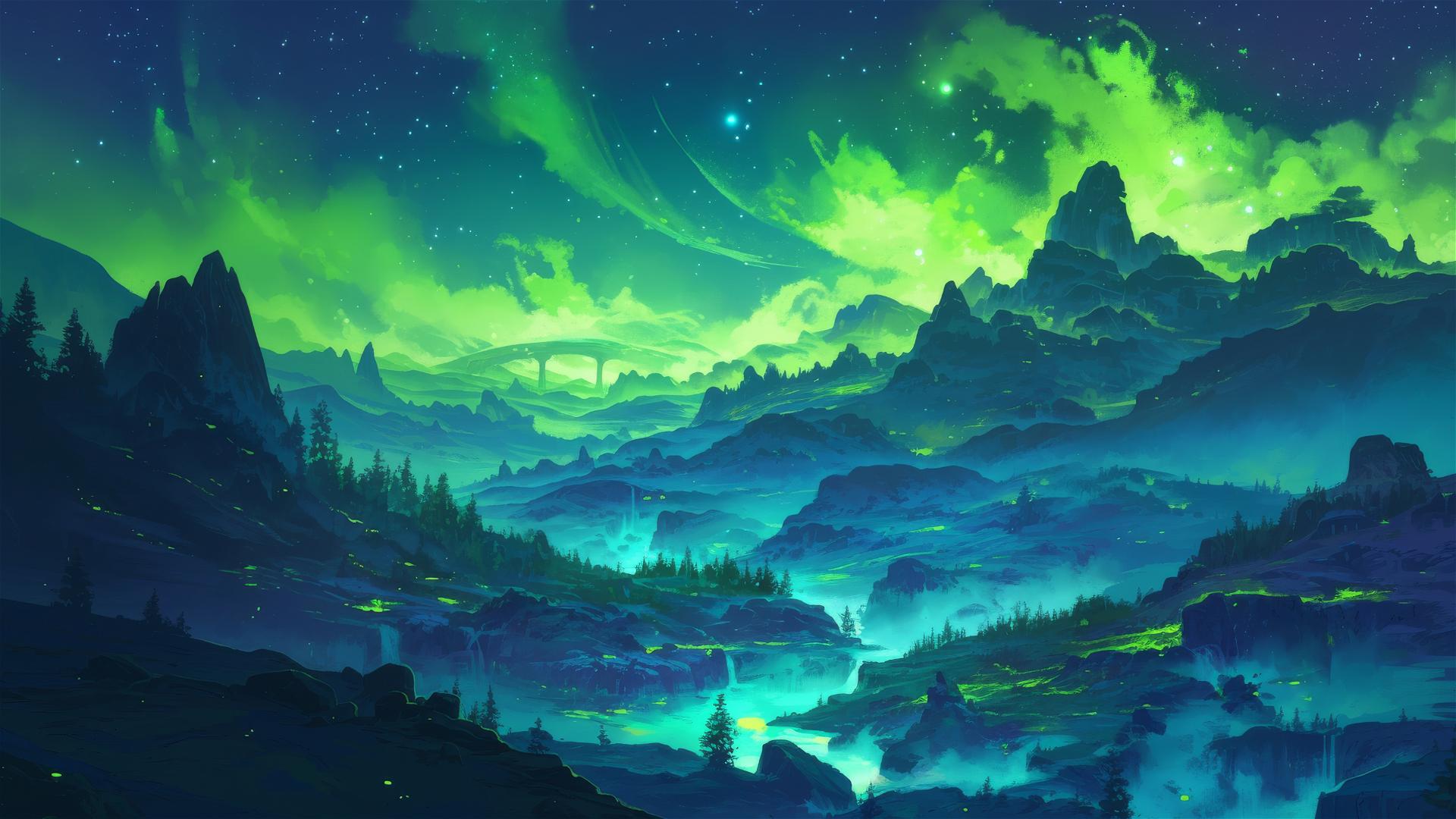 Valleys at night with areas of natural phosphorescence creating a map of glowing lights