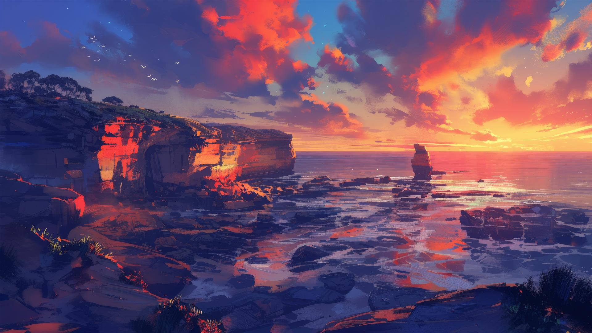 Colorful sunset cliffs mirroring dusk sky