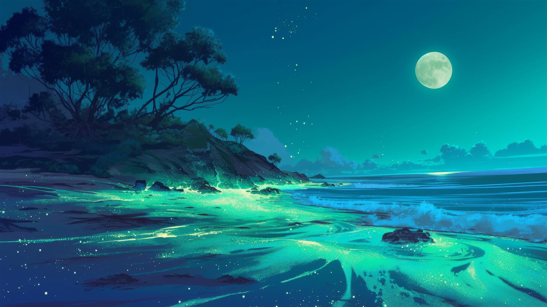 Glowing algae on sand in moonlit cove