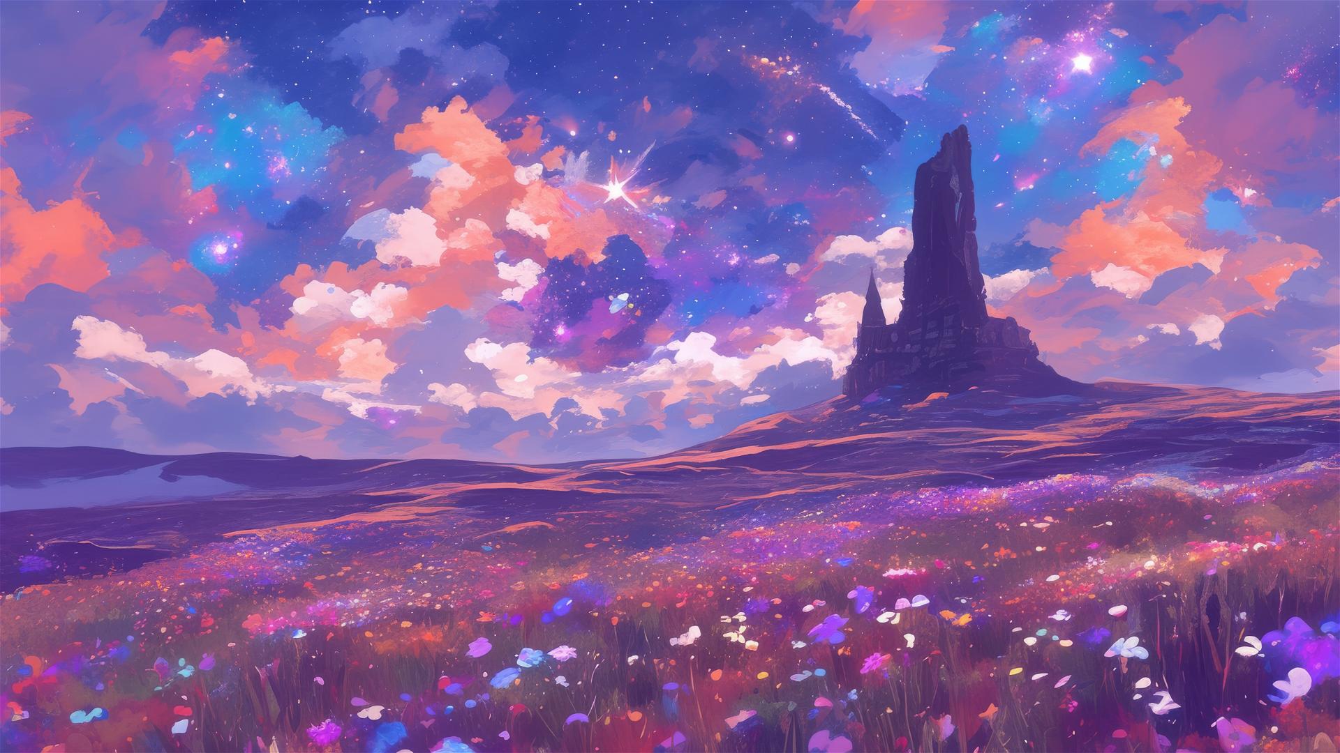 Cosmic nebula-inspired flowers in a meadow under starry night sky