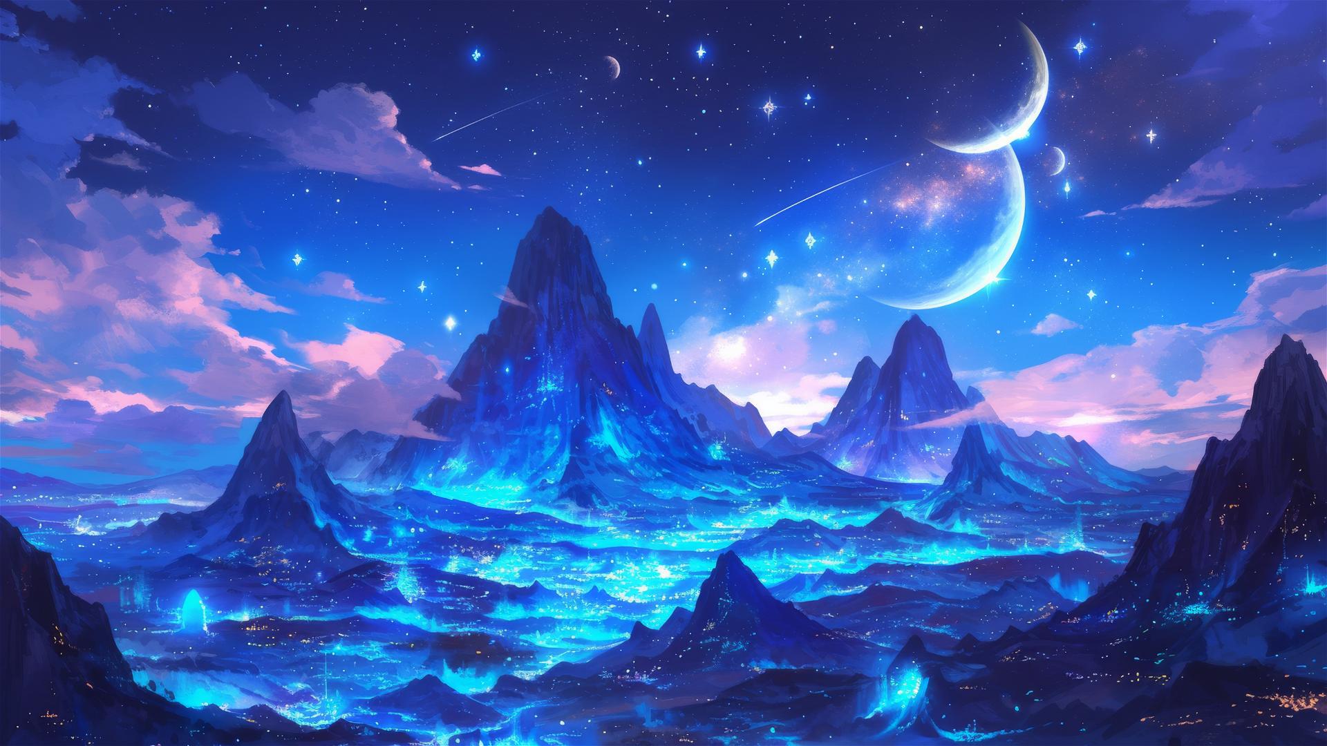 Lunar valley with glowing blue rocks like a starry sky, tranquil