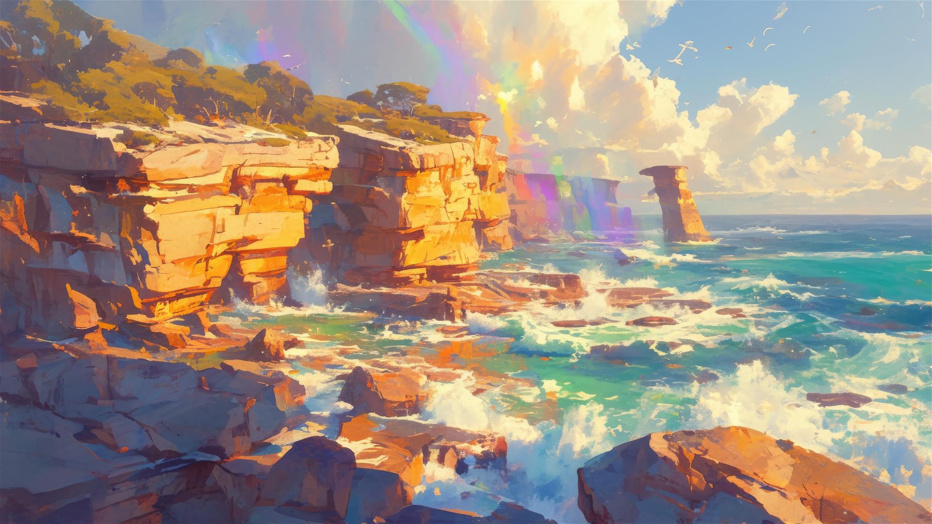 Sunset cliffs with sea spray creating rainbows, air vibrant and moist.