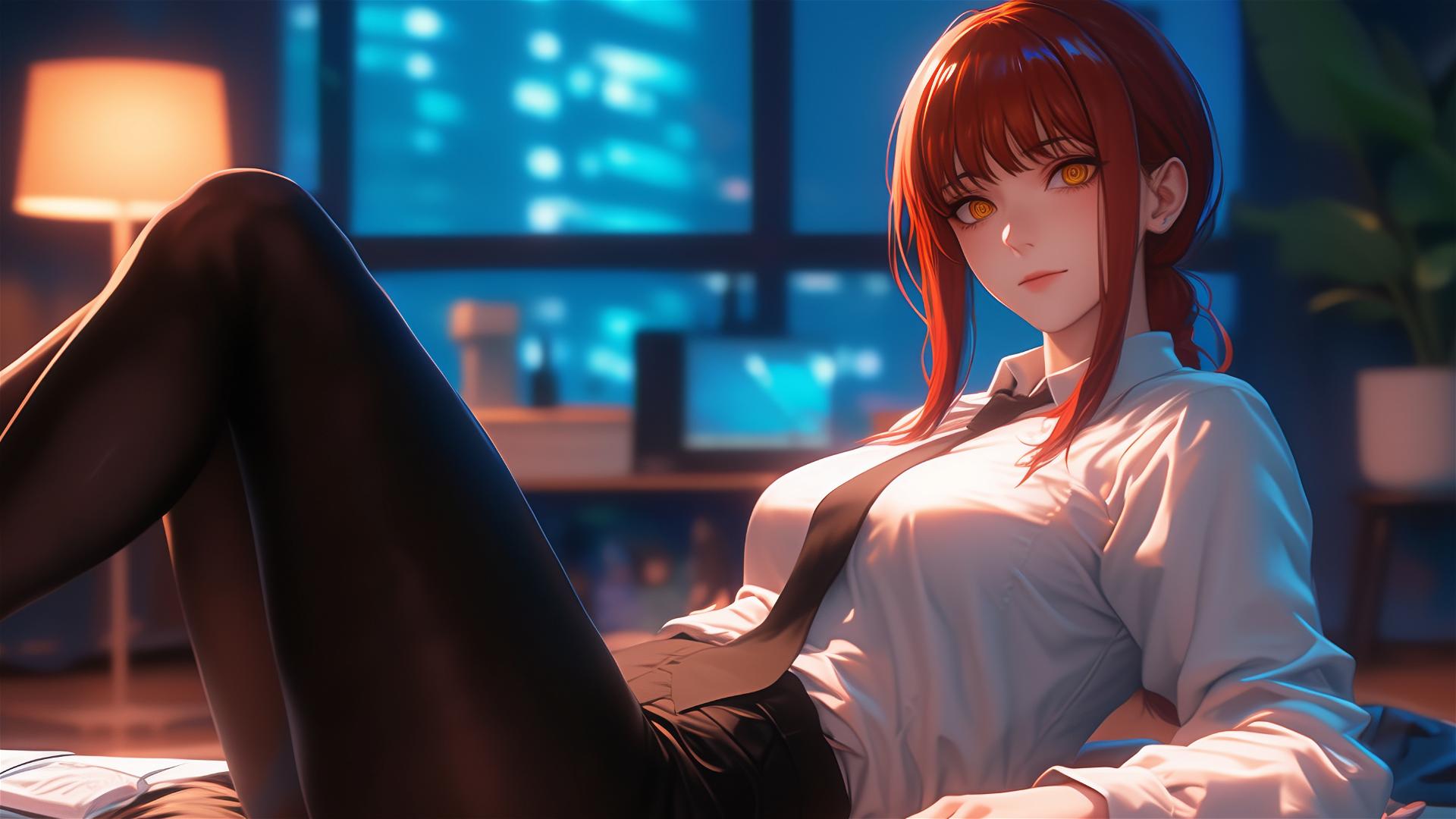 Makima from Chainsaw Man resting with focus on her foot