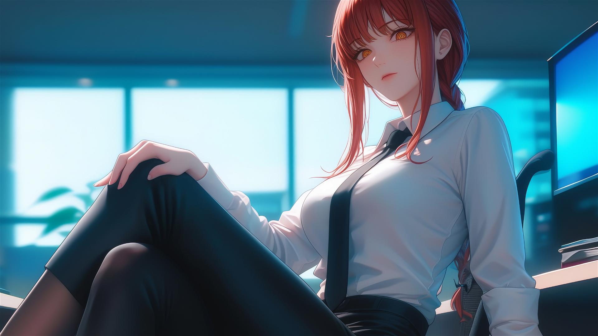 Close-up of Makima's foot, reddish hair, dynamic pose in office