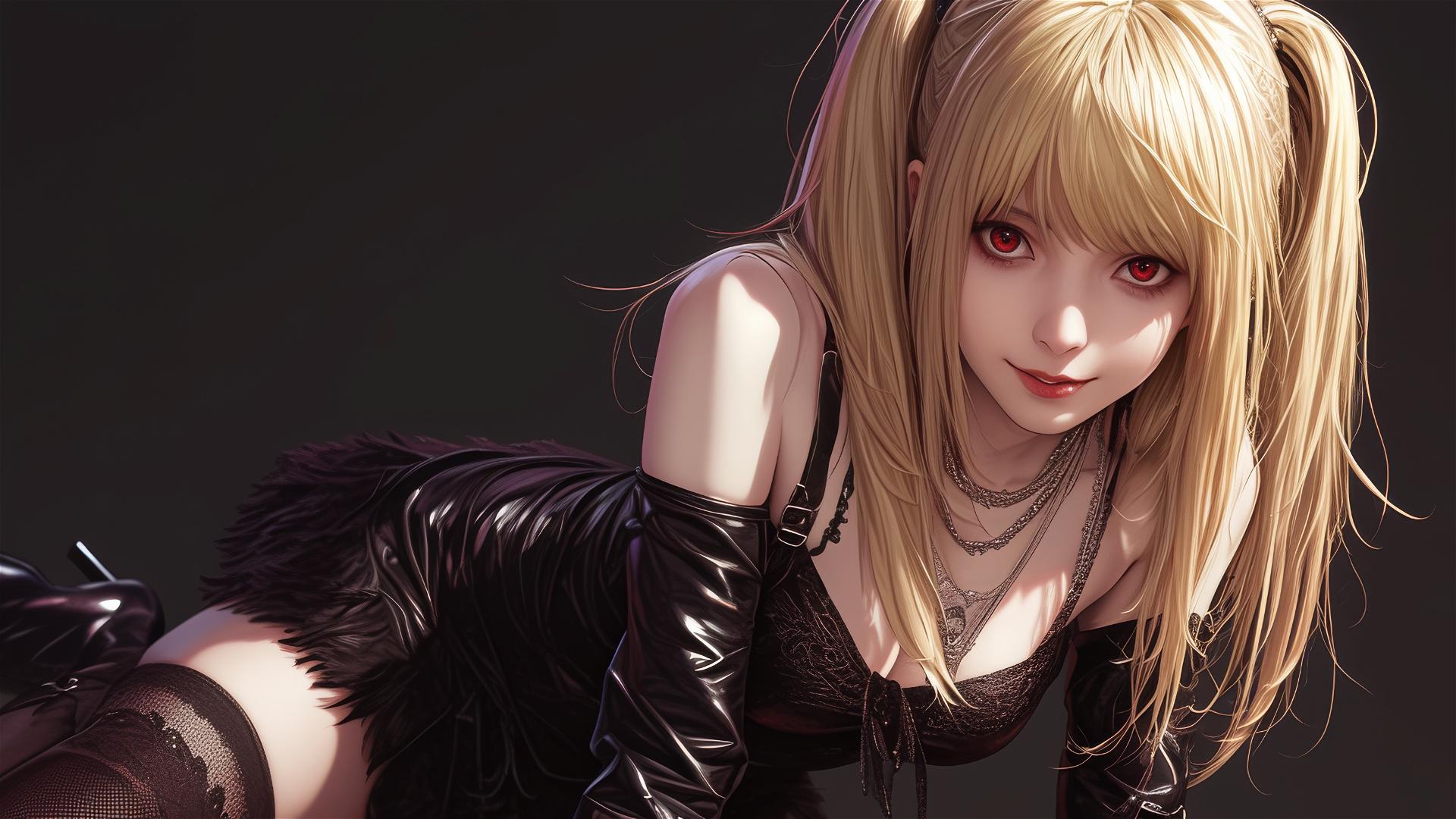 Isolated Misa Amane from Death Note on dark background with red eyes and dynamic pose, spotlight effect
