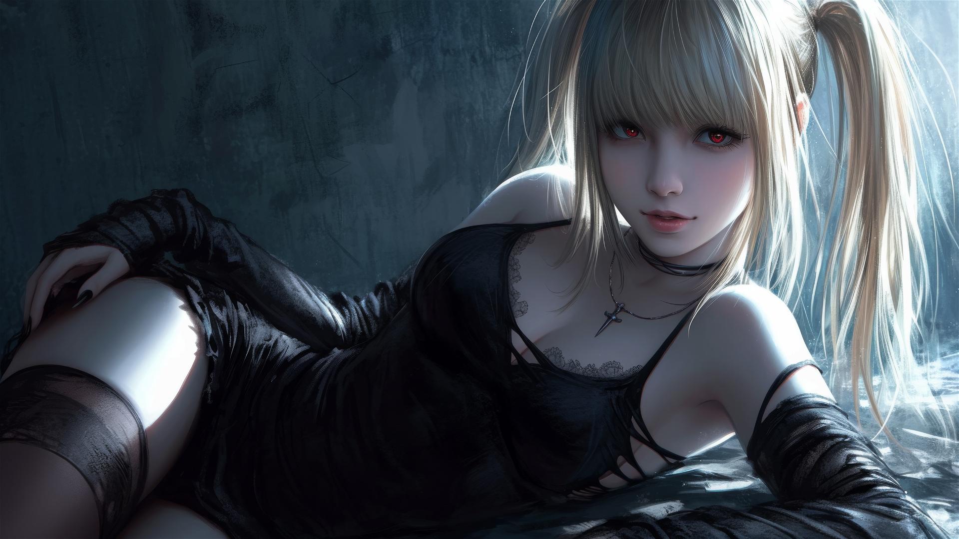 Isolated shot of Misa Amane from Death Note on dark background with spotlight effect and red eyes