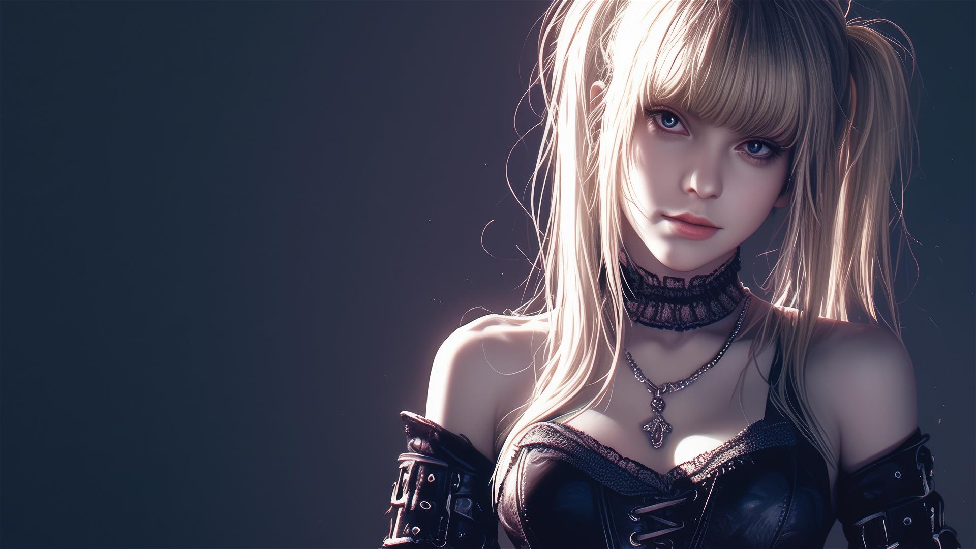 Isolated shot of Misa Amane from Death Note on a dark background with spotlight effect, dynamic pose highlighting thigh