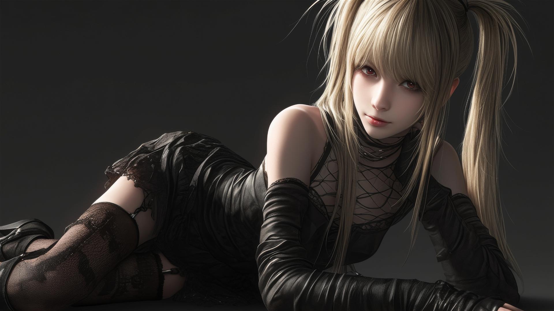 Isolated shot of Misa Amane from Death Note on a dark background with a spotlight effect and a dynamic pose emphasizing her thigh