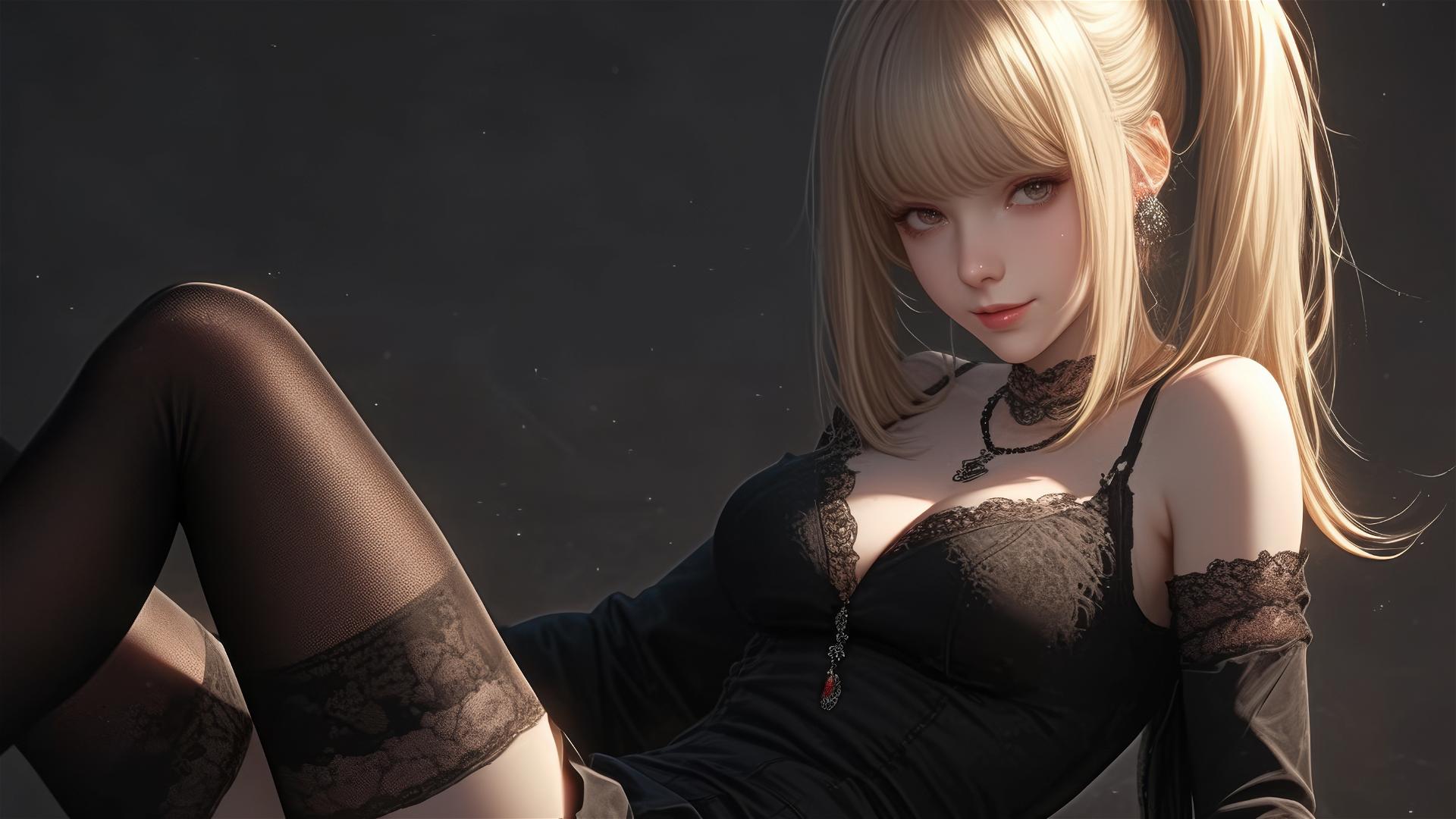 Isolated shot of Misa Amane from Death Note on dark background with spotlight effect and thigh focus