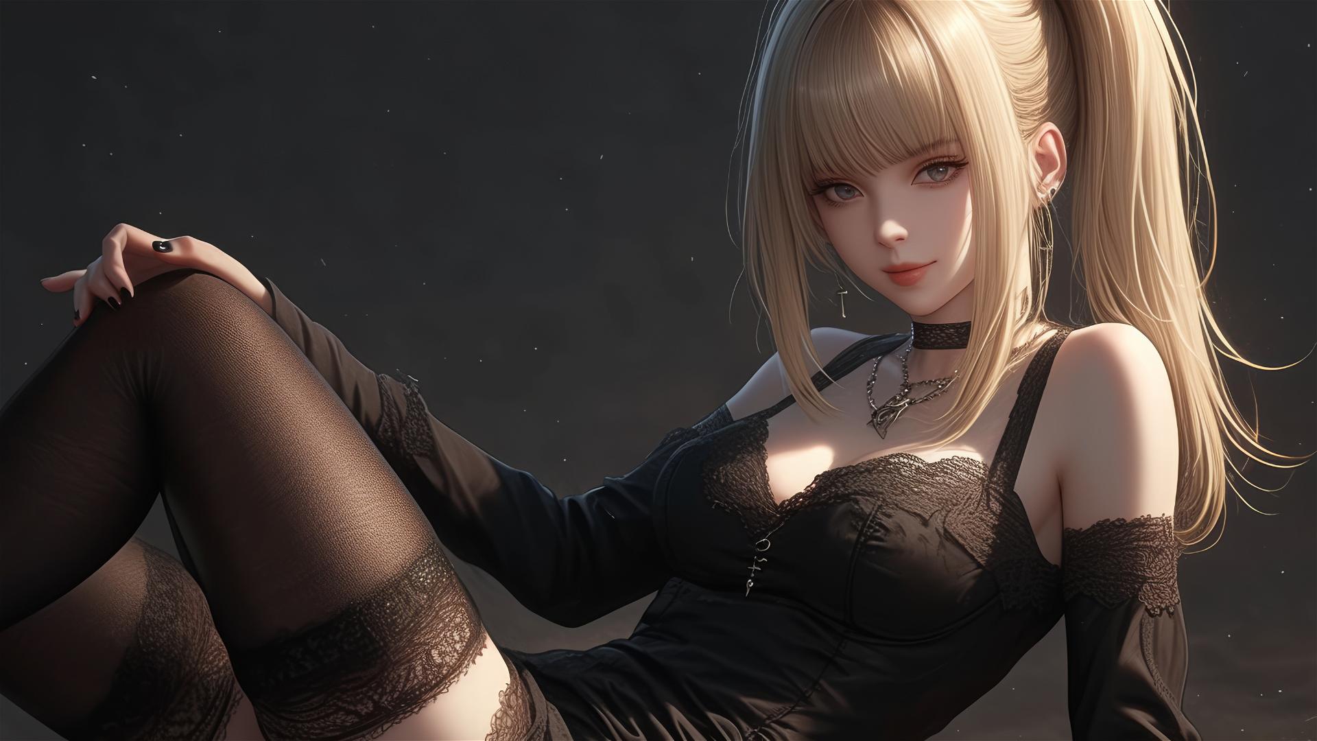 Isolated shot of Misa Amane from Death Note on a dark background, thigh focus with spotlight effect