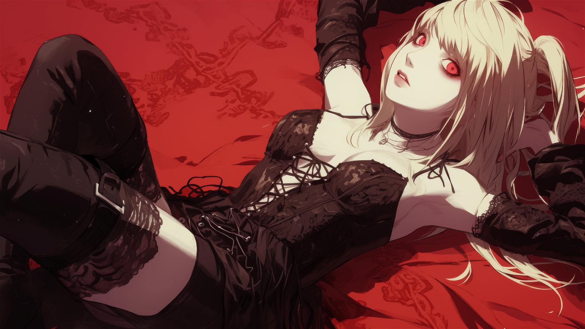 Misa Amane from Death Note in reclining pose with enchanting red eyes and eerie dark background lit by overhead spotlight