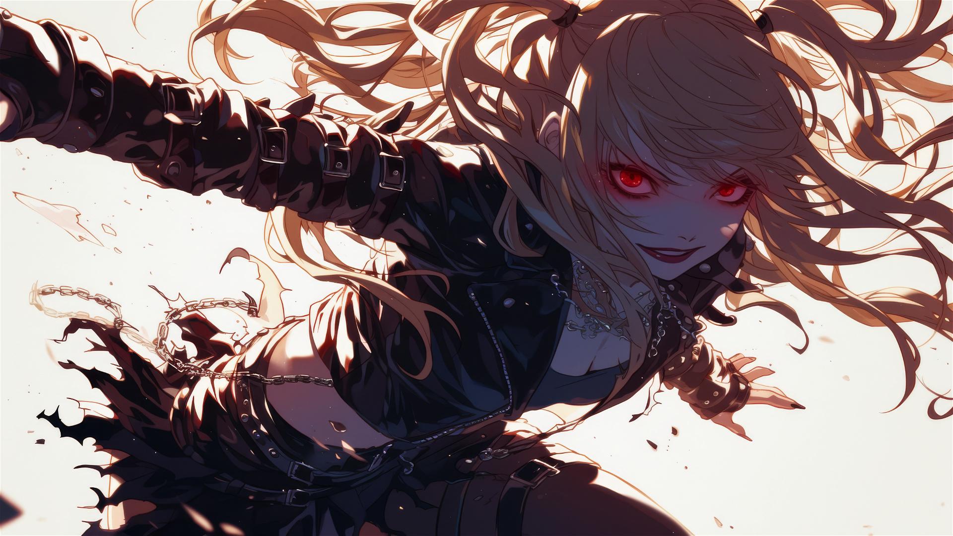 Misa Amane from Death Note in dynamic running pose with focus on red eyes, under low-key lighting with spotlight chase