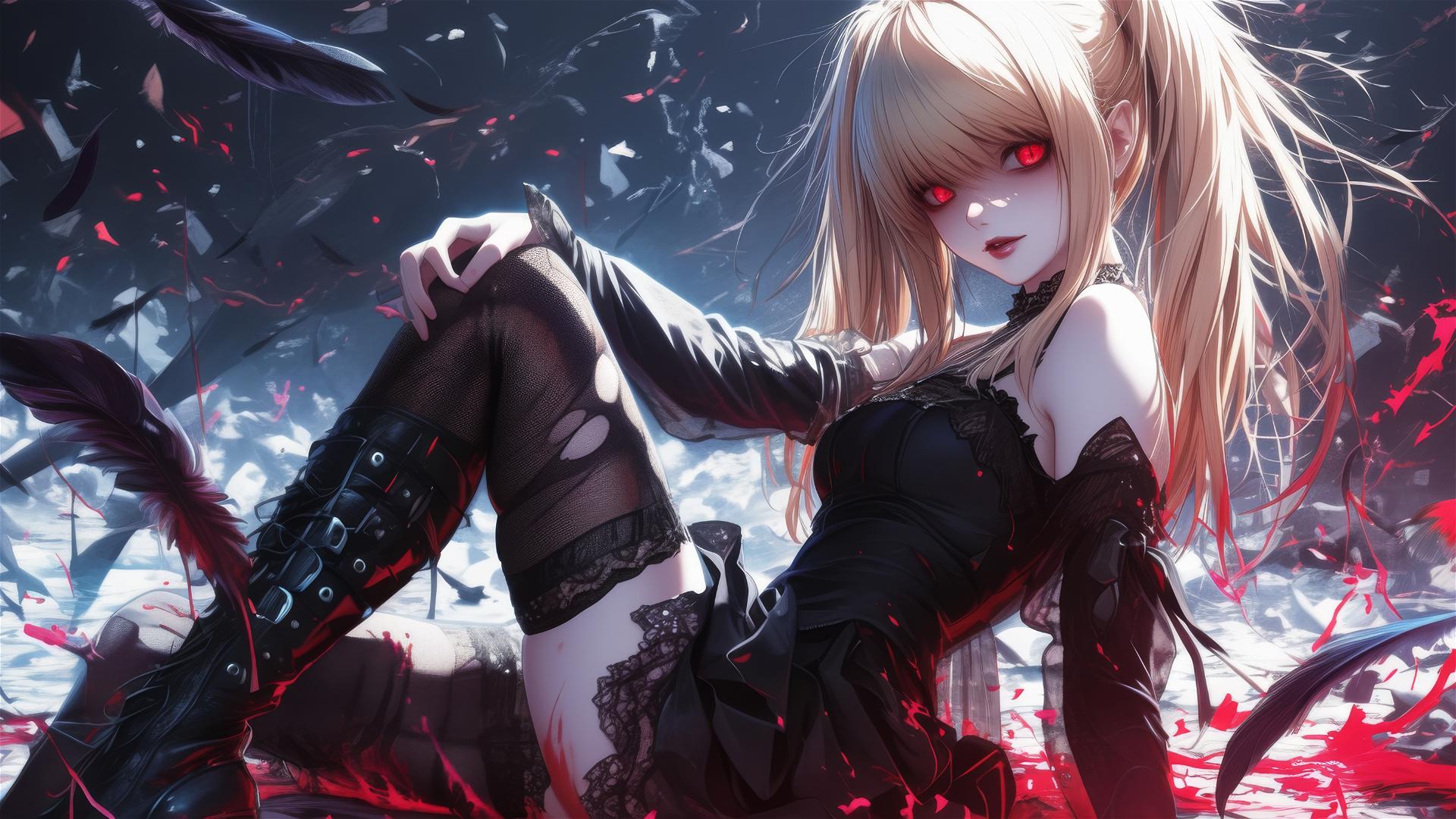Isolated shot of Misa Amane from Death Note on dark background with red eyes and dynamic pose highlighting thigh in spotlight effect