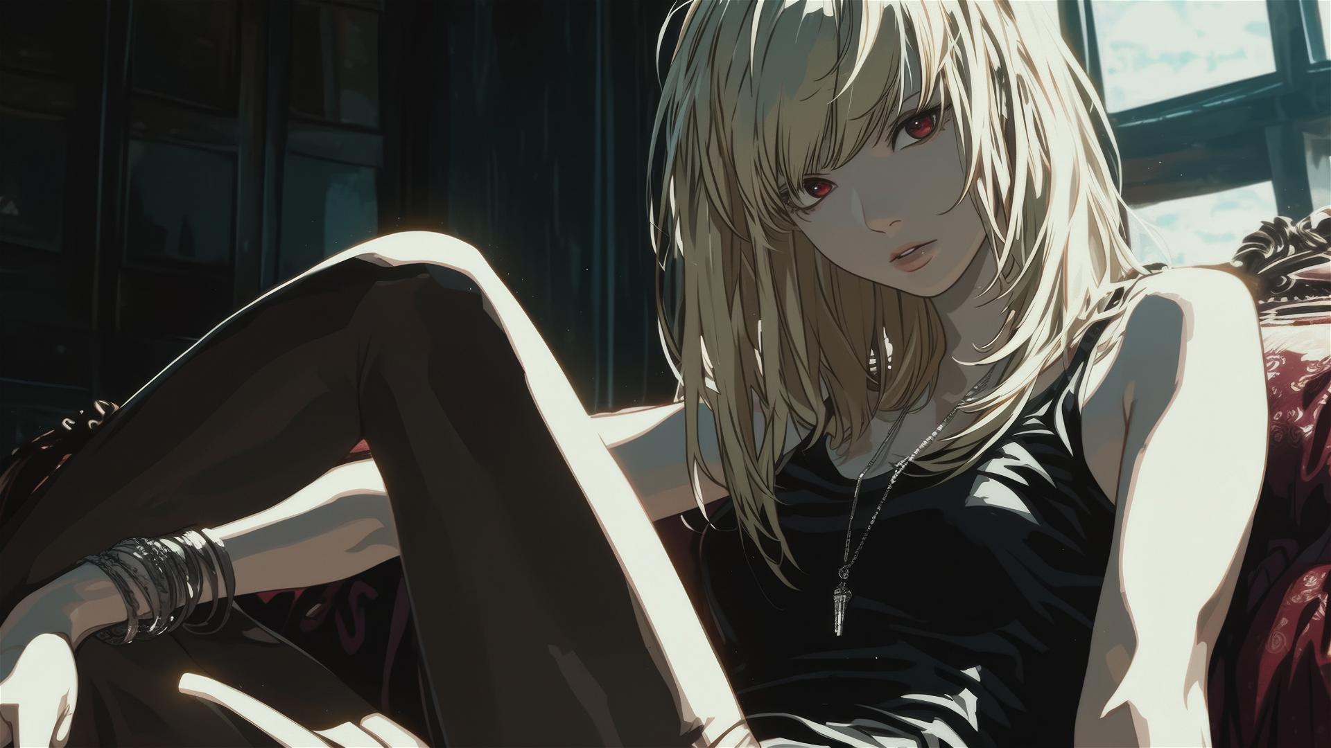 Misa Amane with red eyes striking a dynamic pose on dark background, spotlight effect