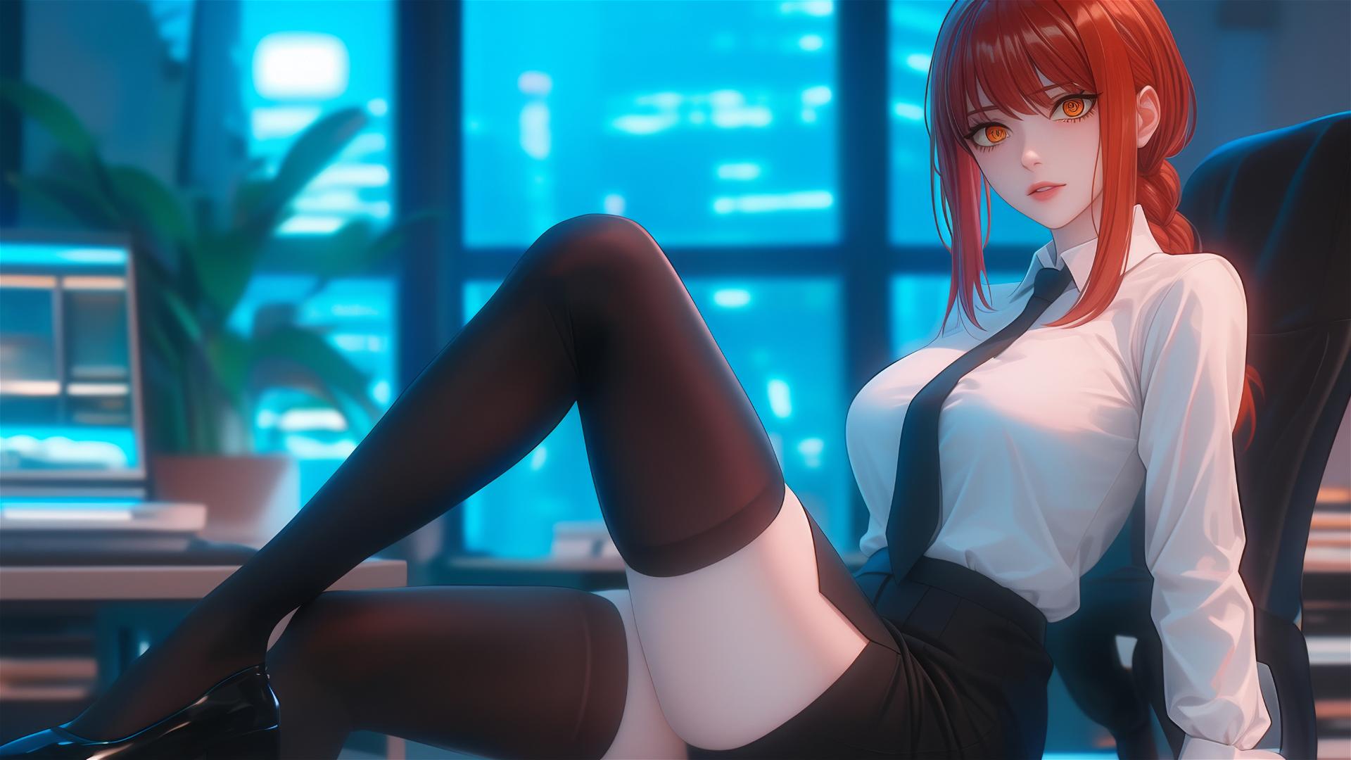 Close-up view of a redhead Makima from Chainsaw Man, standing in an office with focus on thigh and foot