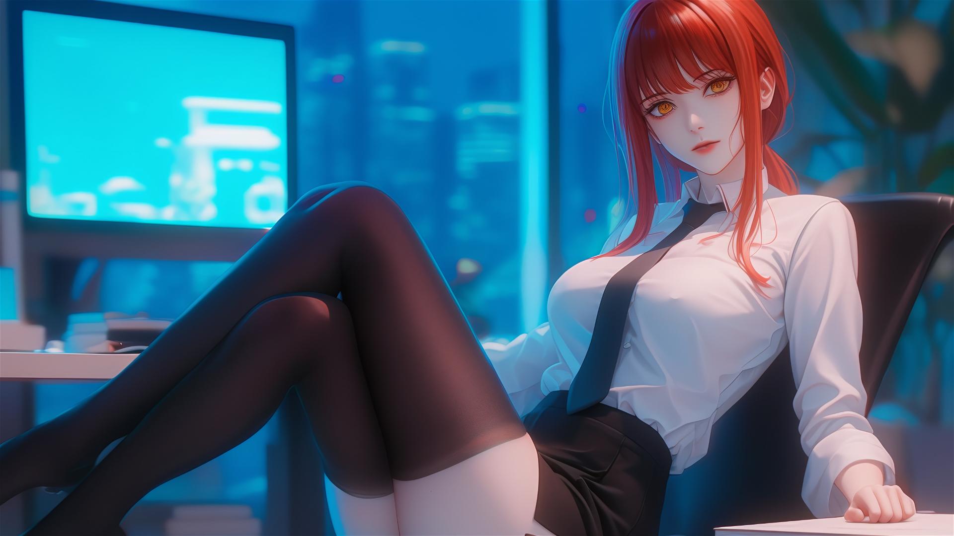 Close-up view of Makima from Chainsaw Man standing in office with thigh in focus and reddish hair