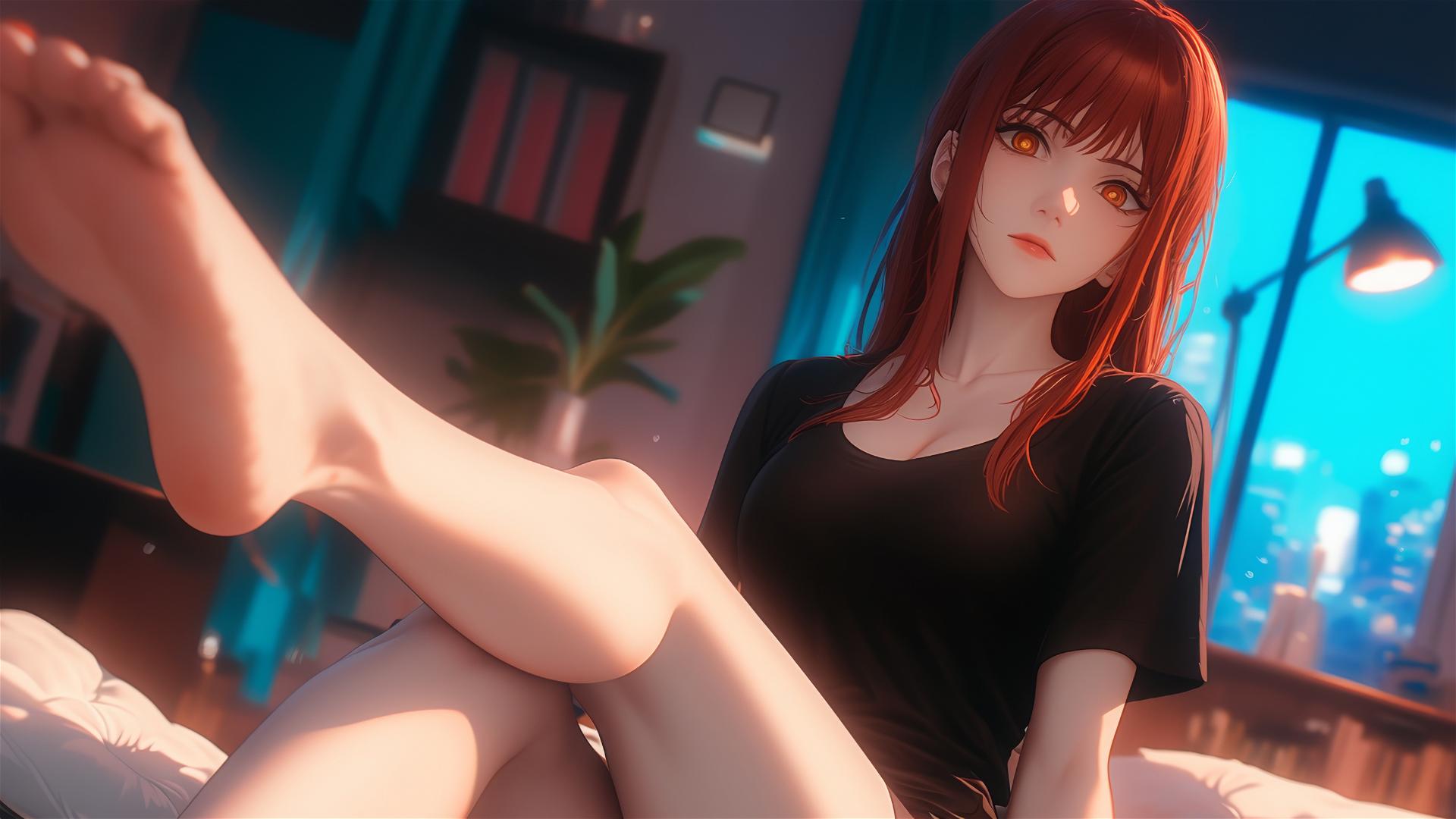 Close-up view of Makima from Chainsaw Man resting in her room, hair in view