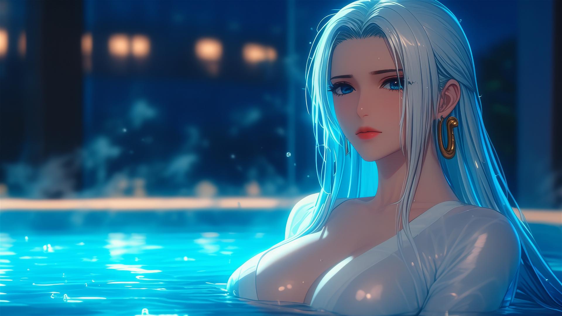 Boa Hancock from One Piece in a tub under moonlight with white hair