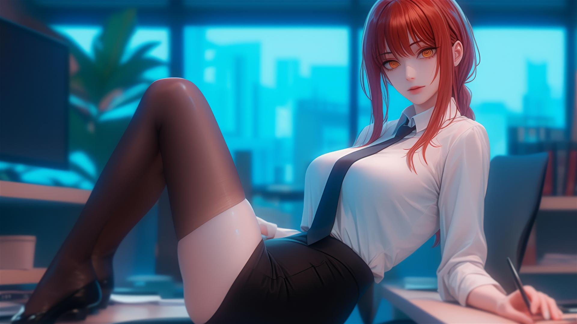 Makima from Chainsaw Man standing in office, close-up of foot, reddish hair