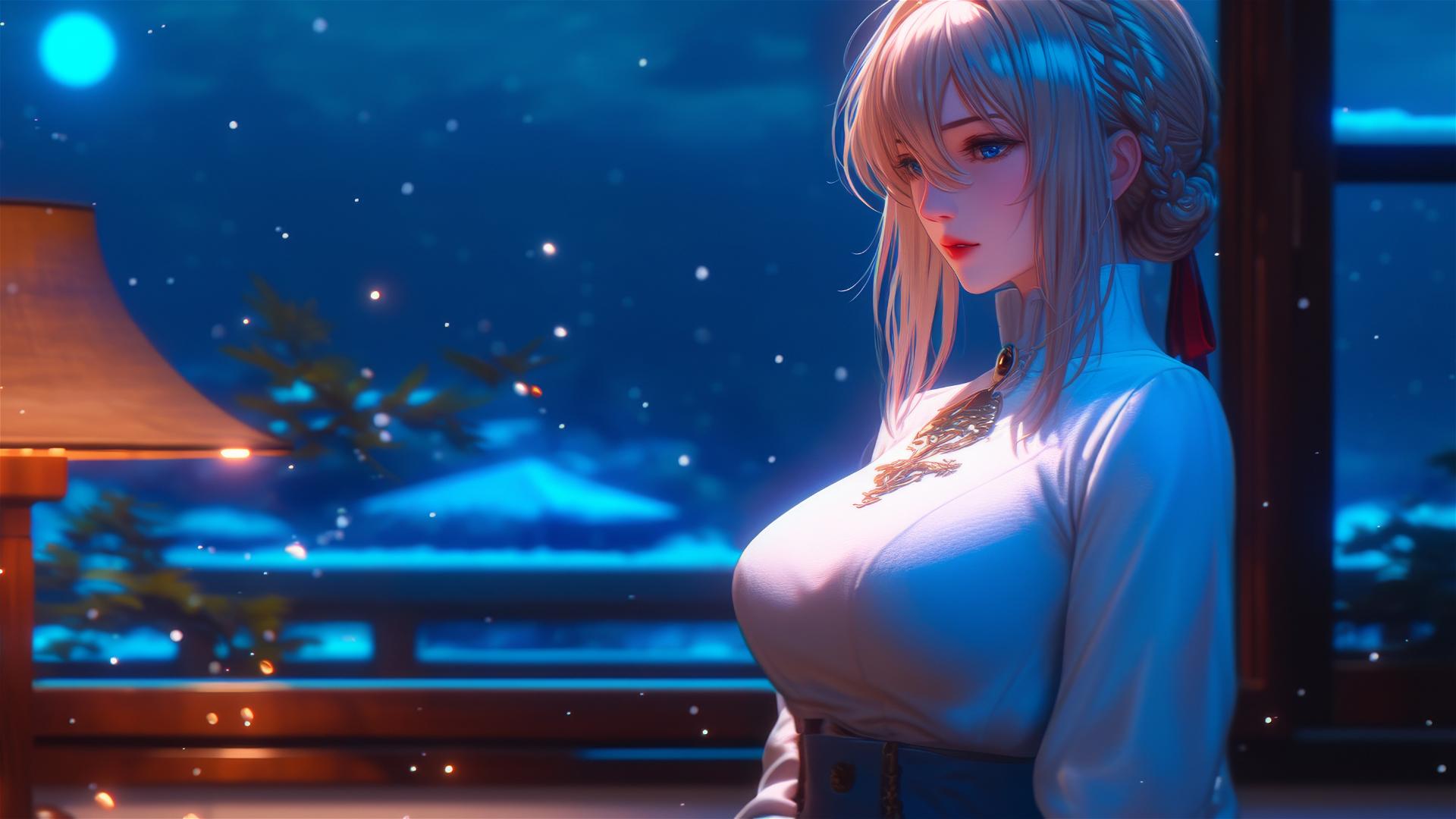 Anime character Violet Evergarden standing in moonlight at her house