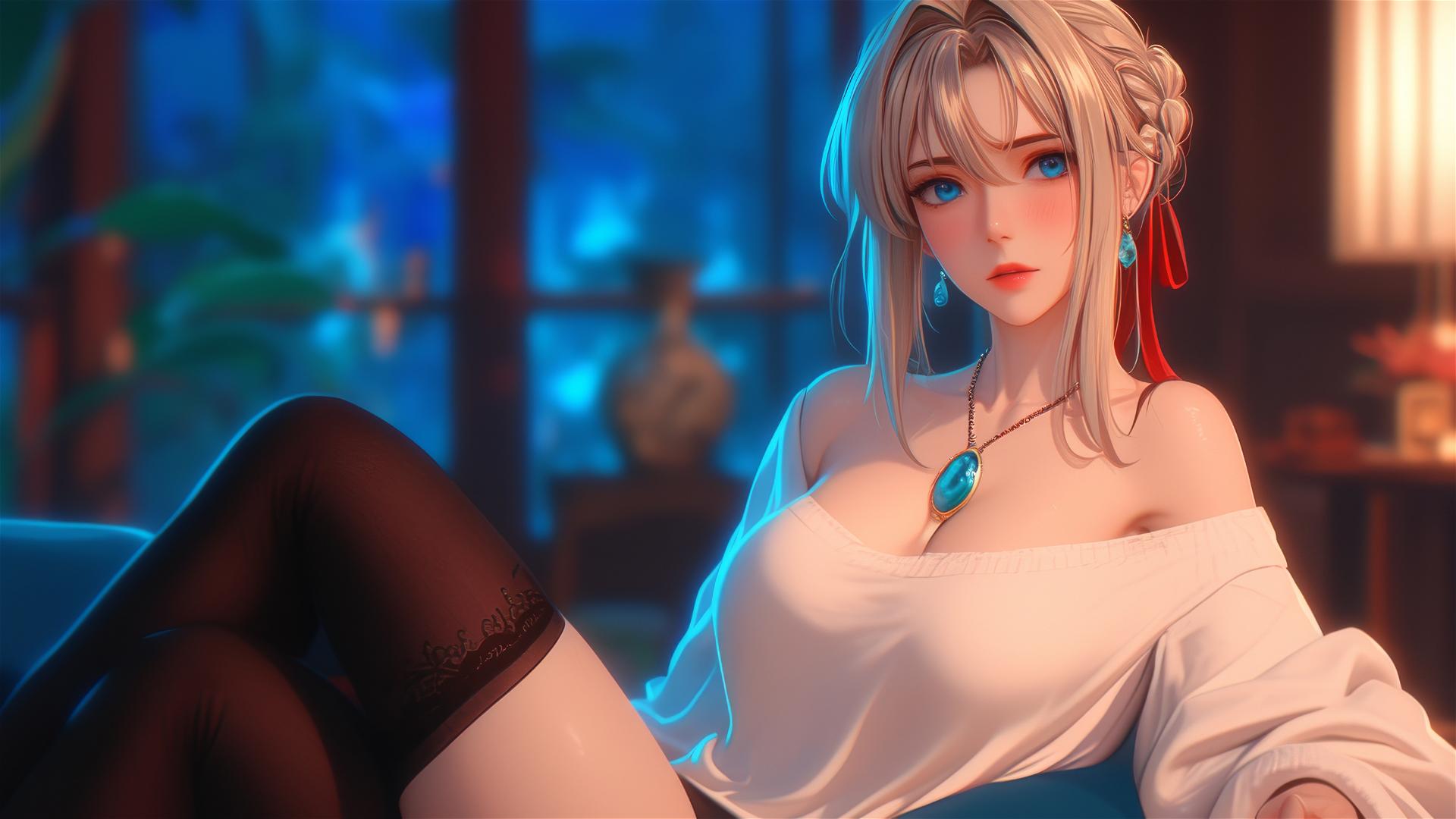 Violet Evergarden resting in apartment with moonlight