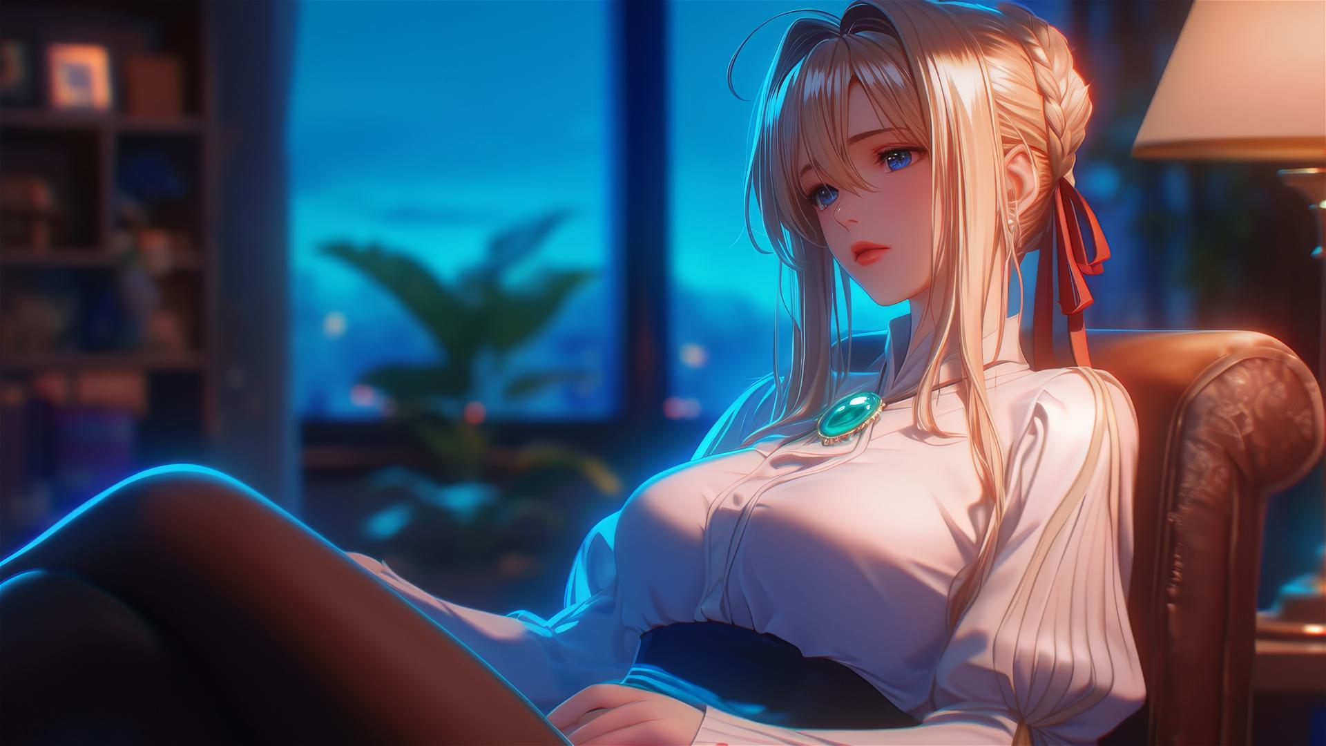 Violet Evergarden resting at apartment under moonlight