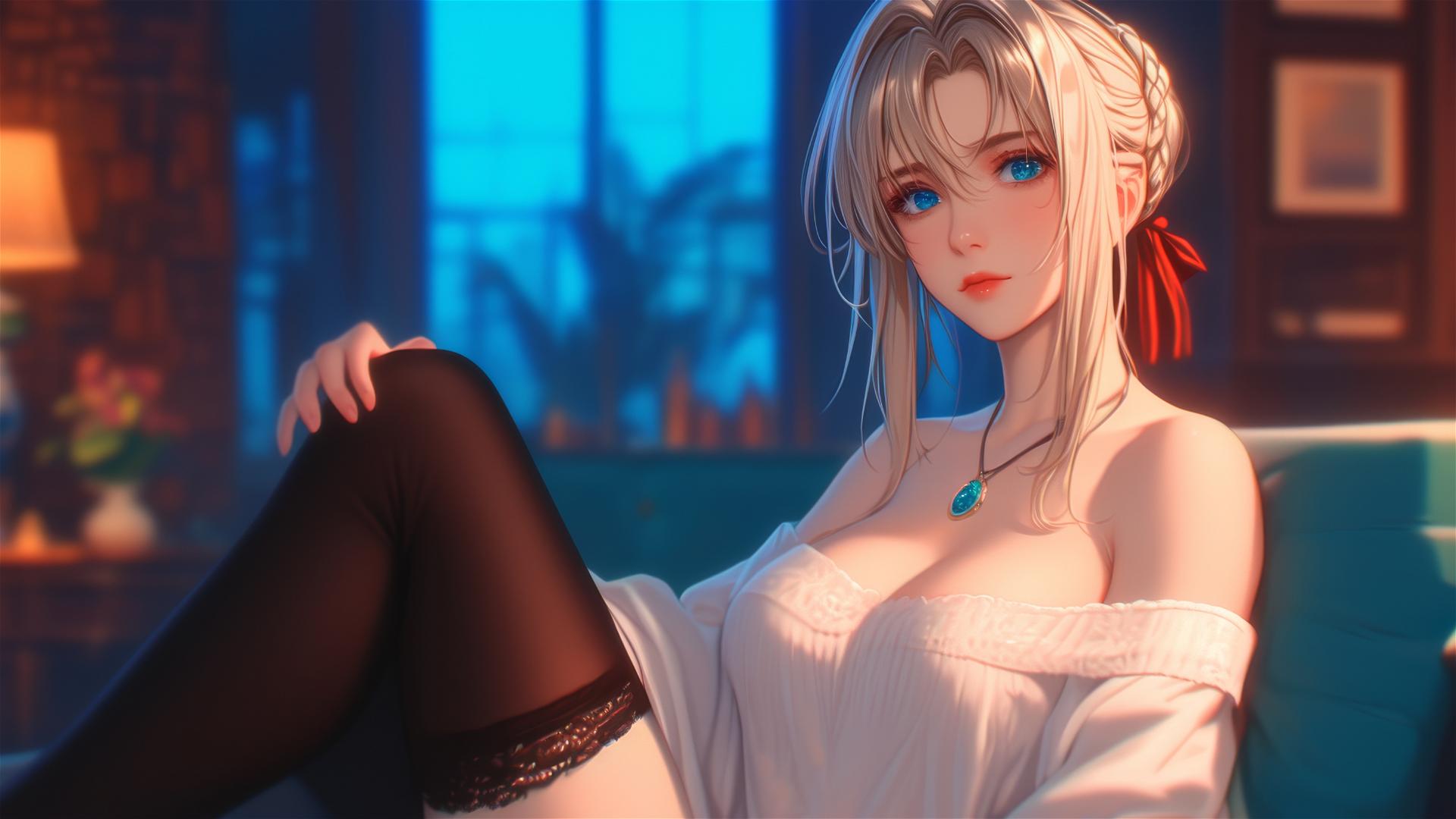 Violet Evergarden resting under moonlight in an apartment