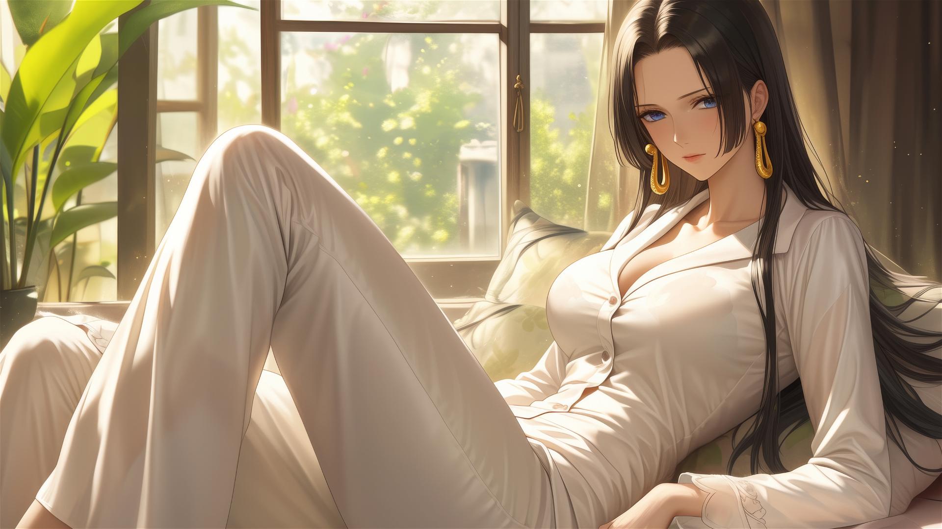 Boa Hancock from One Piece in white silk pajamas sitting leisurely at apartment during sunrise