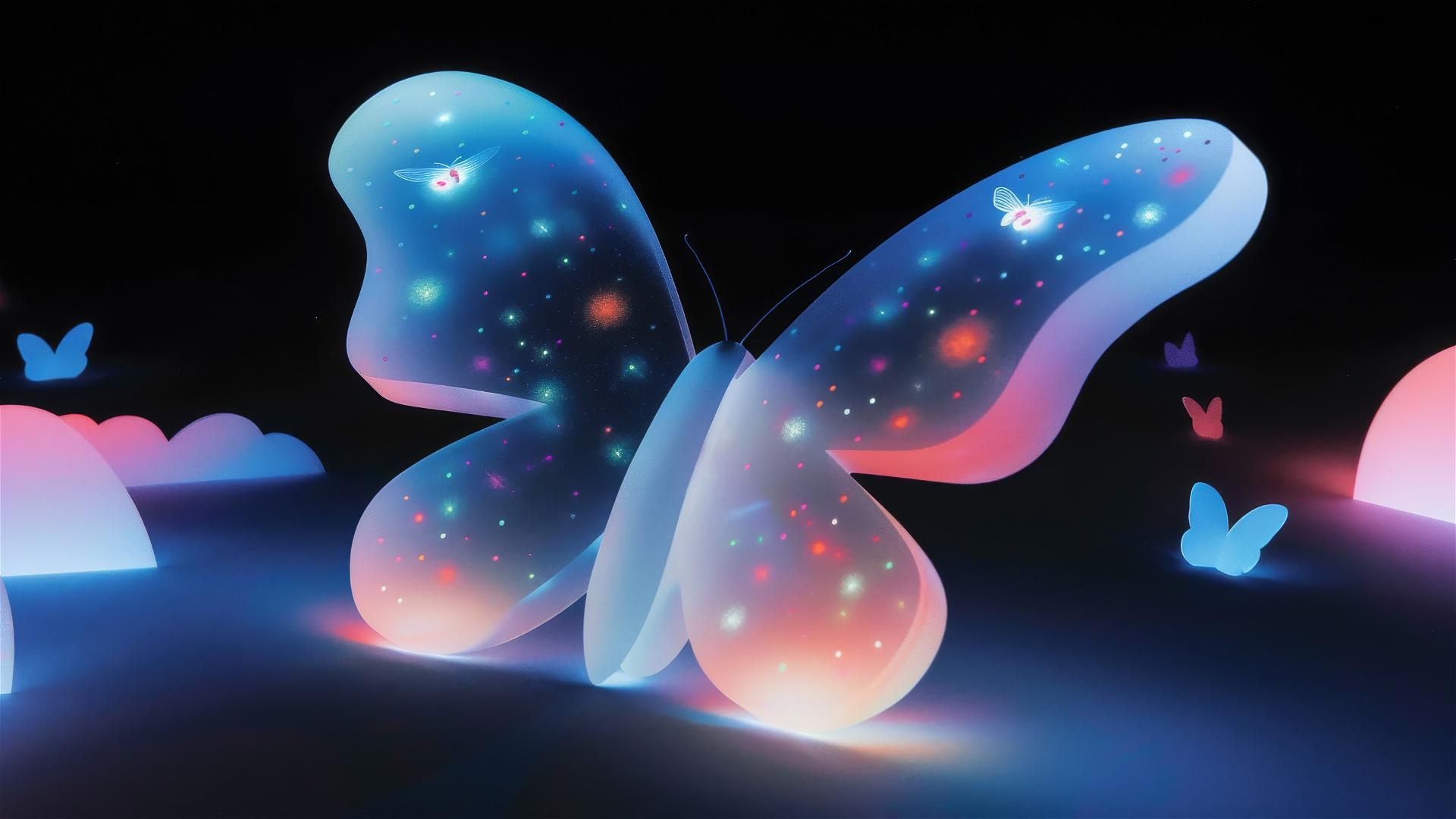 A large, luminous butterfly bending over to look at a tiny firefly on its wing