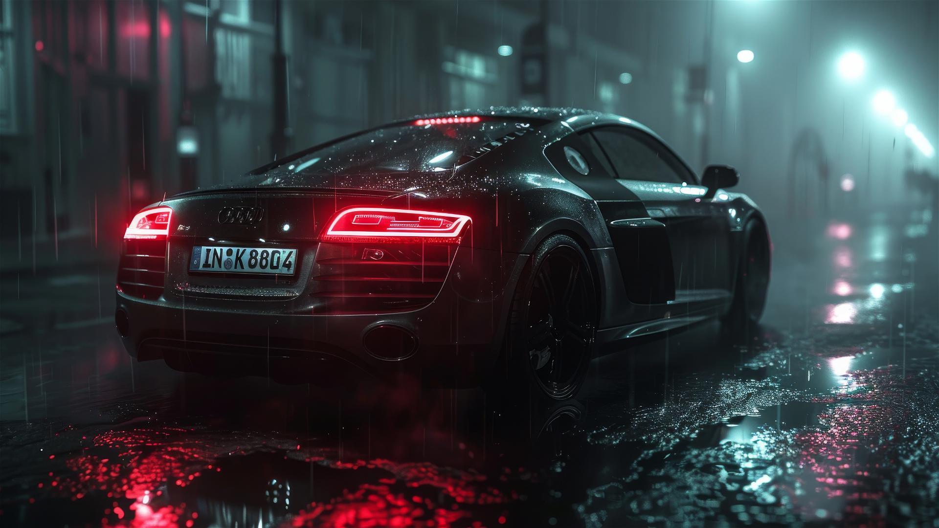 Audi R8 in dim light with a gothic and foggy ambiance in photorealistic detail
