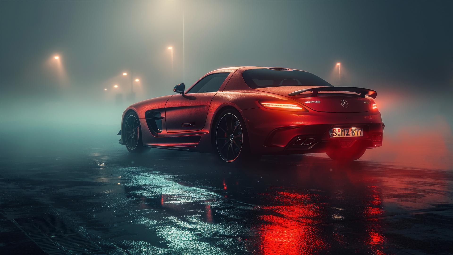 Close-up of a Mercedes-Benz SLS in dim, gothic gloomy setting, foggy and photorealistic