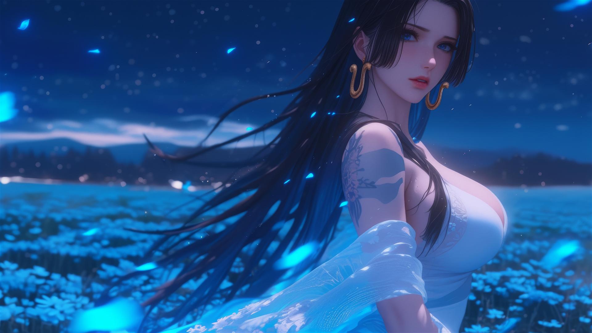Boa Hancock from One Piece walking in blooming fields under starry night sky with moonlight illumination