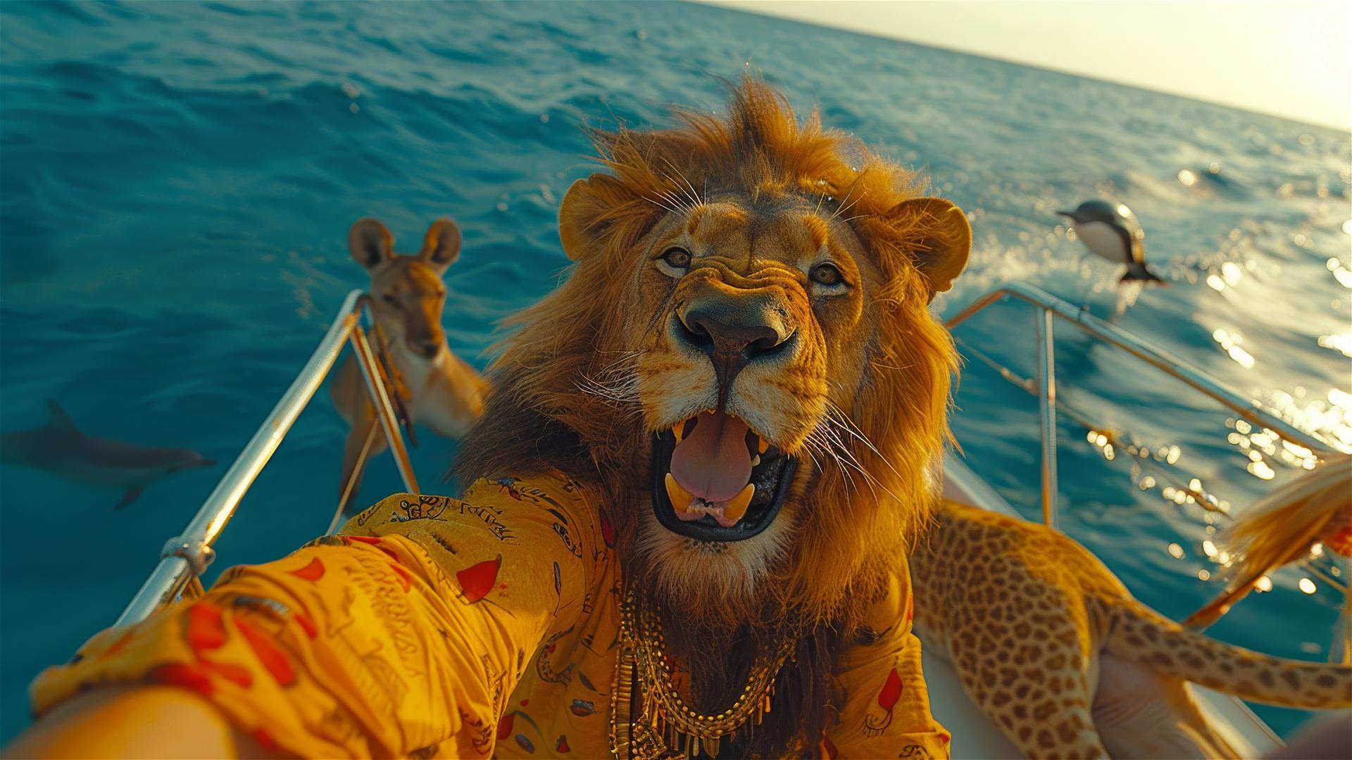 Lion taking a selfie on a yacht with a giraffe and bird, dolphins jumping in the blue sea