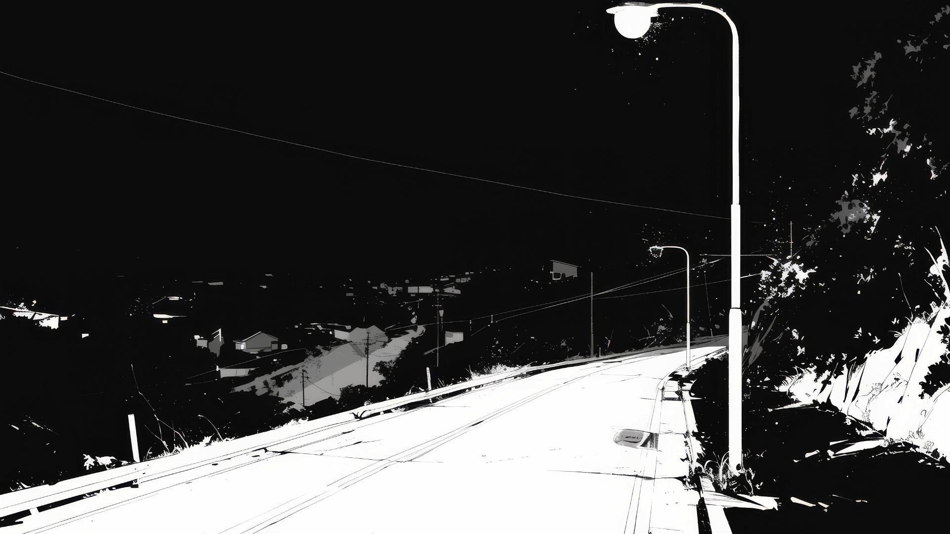 Lonely dark street with a flickering dim streetlamp